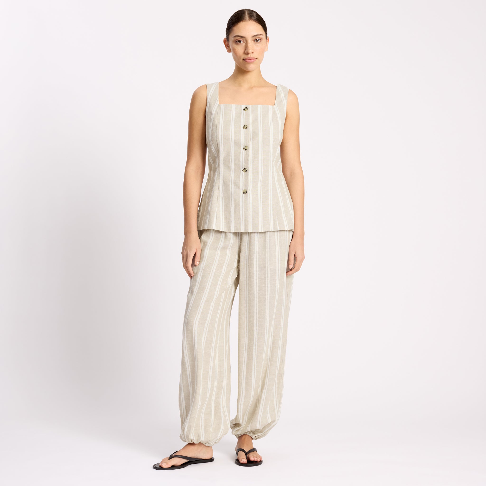 Linen Stripe Square Neck Button Top