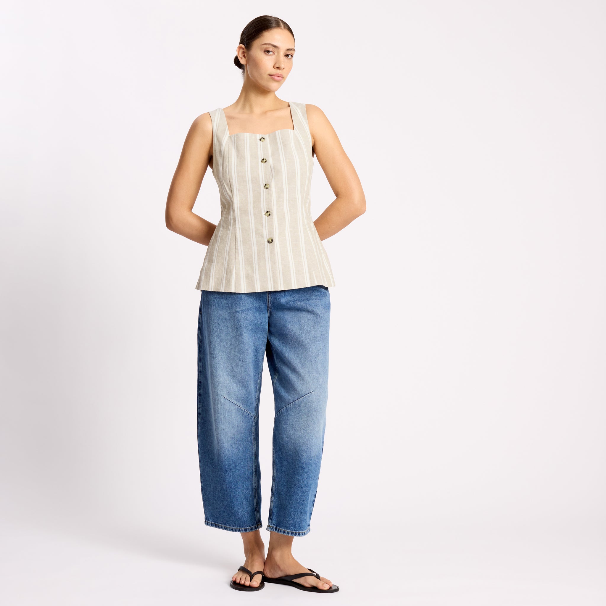 Linen Stripe Square Neck Button Top