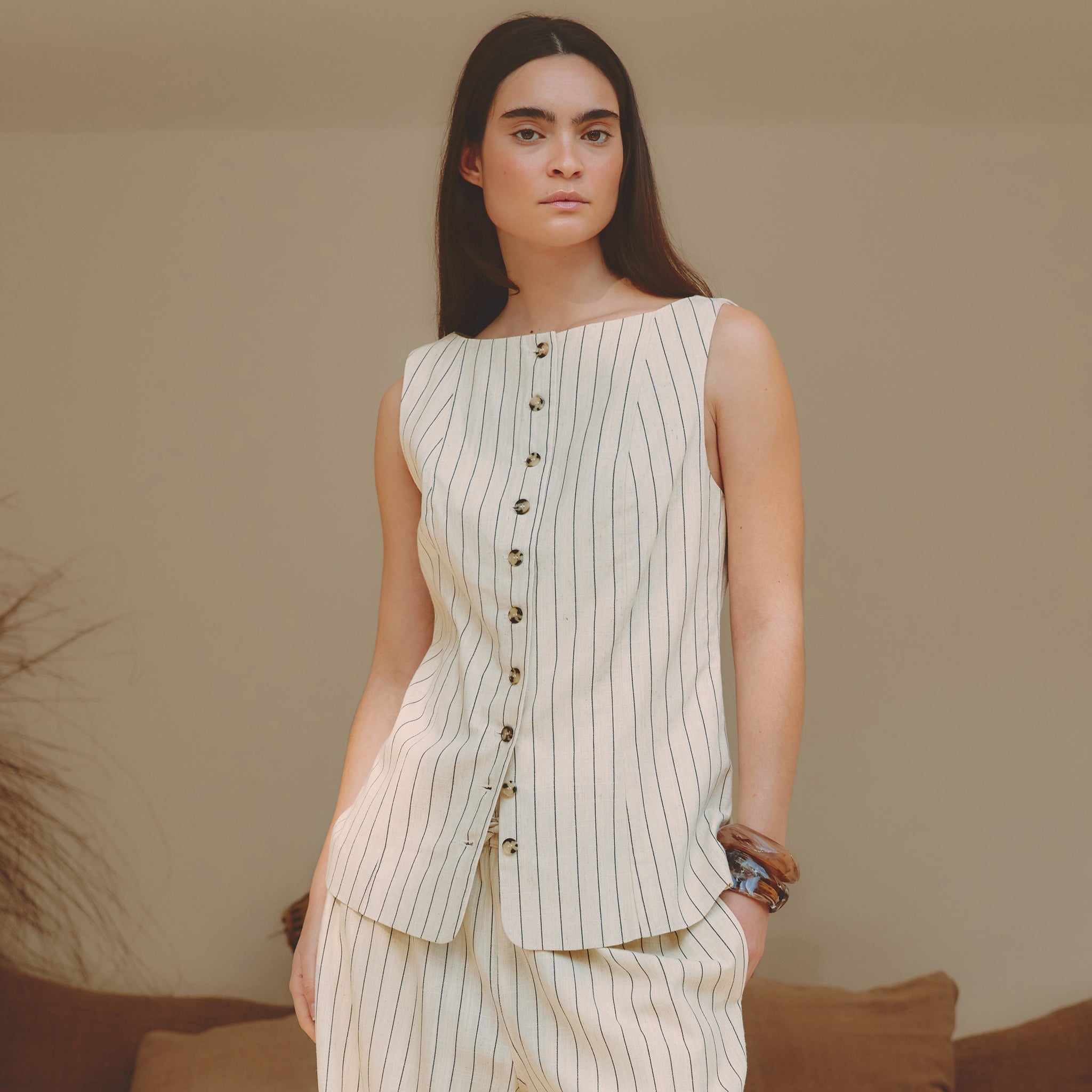 Linen Blend Pinstripe Waistcoat