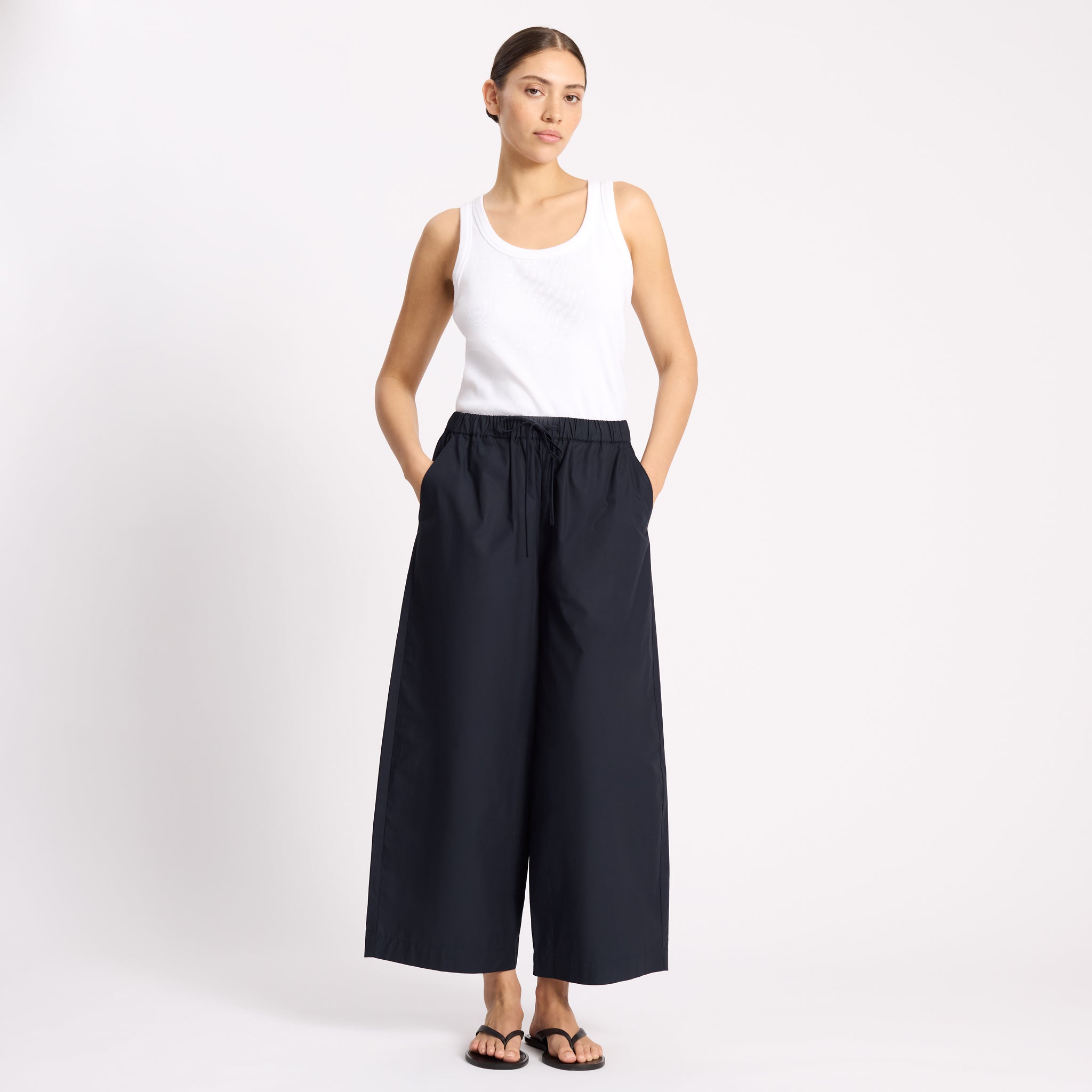 Navy Cotton Drawstring Barrel Leg Trouser