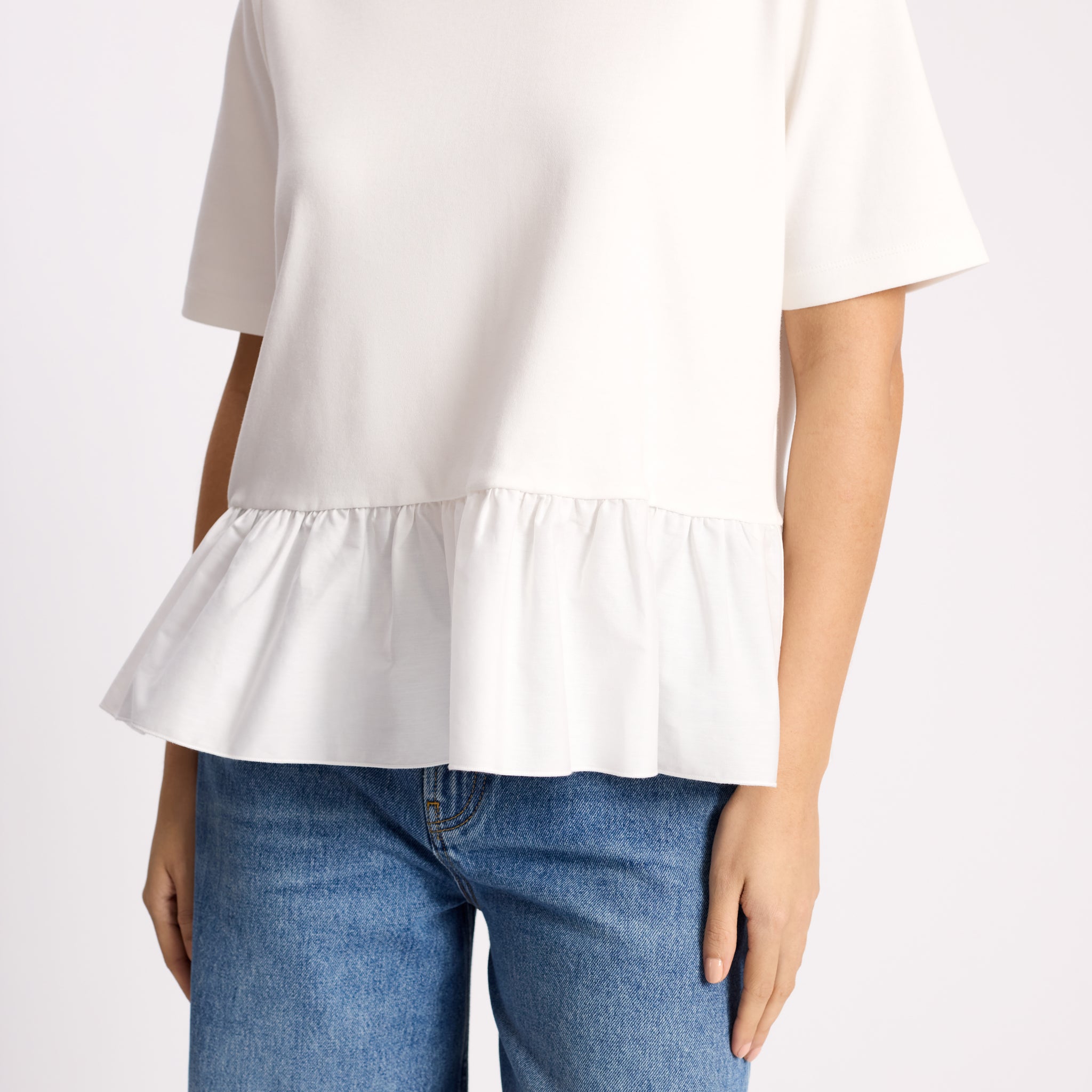 White Cotton Peplum Hem T Shirt