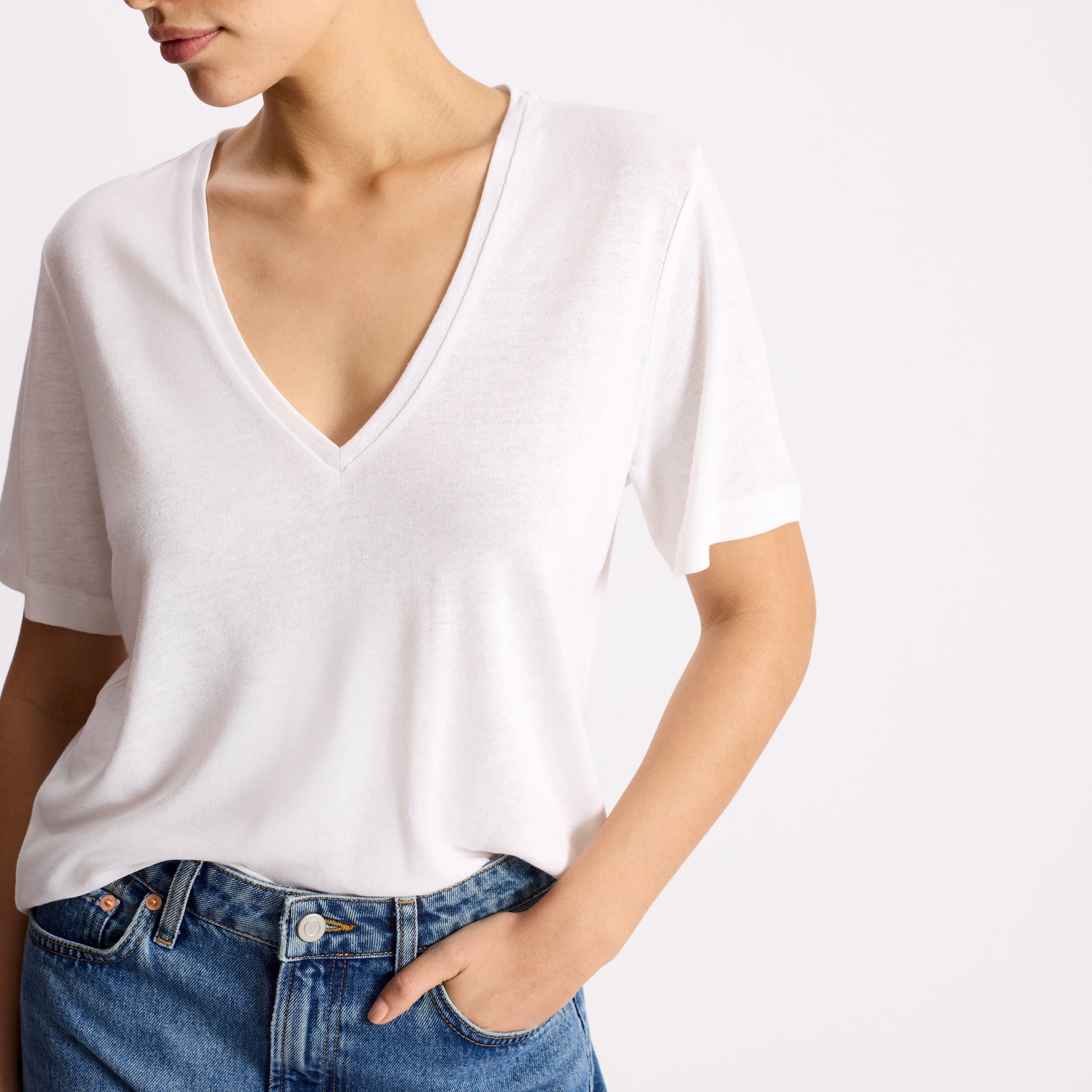 White Linen V Neck T Shirt