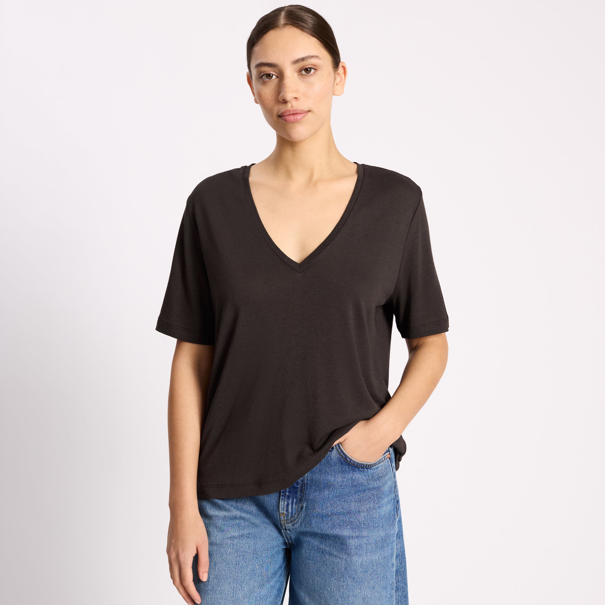 Chocolate Linen V Neck T Shirt