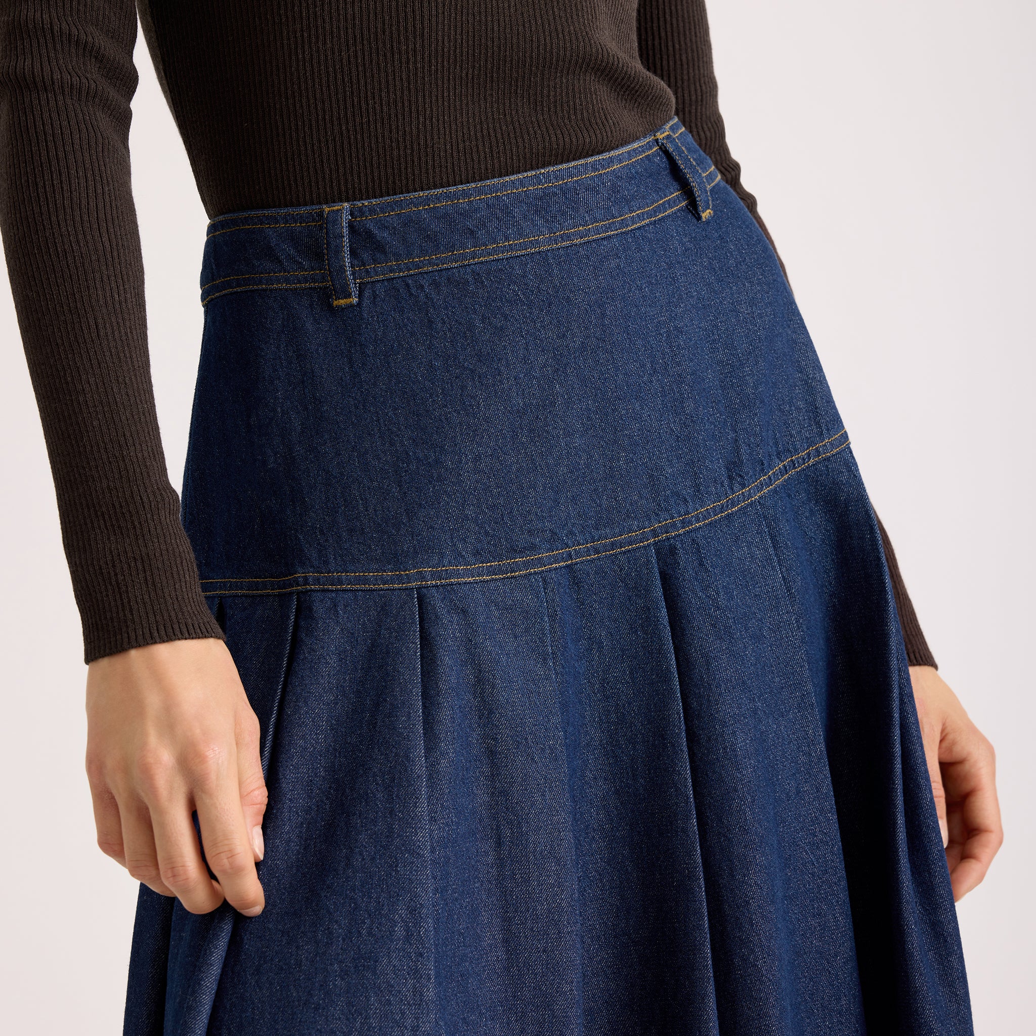 Denim Drop Waist Pleat Skirt