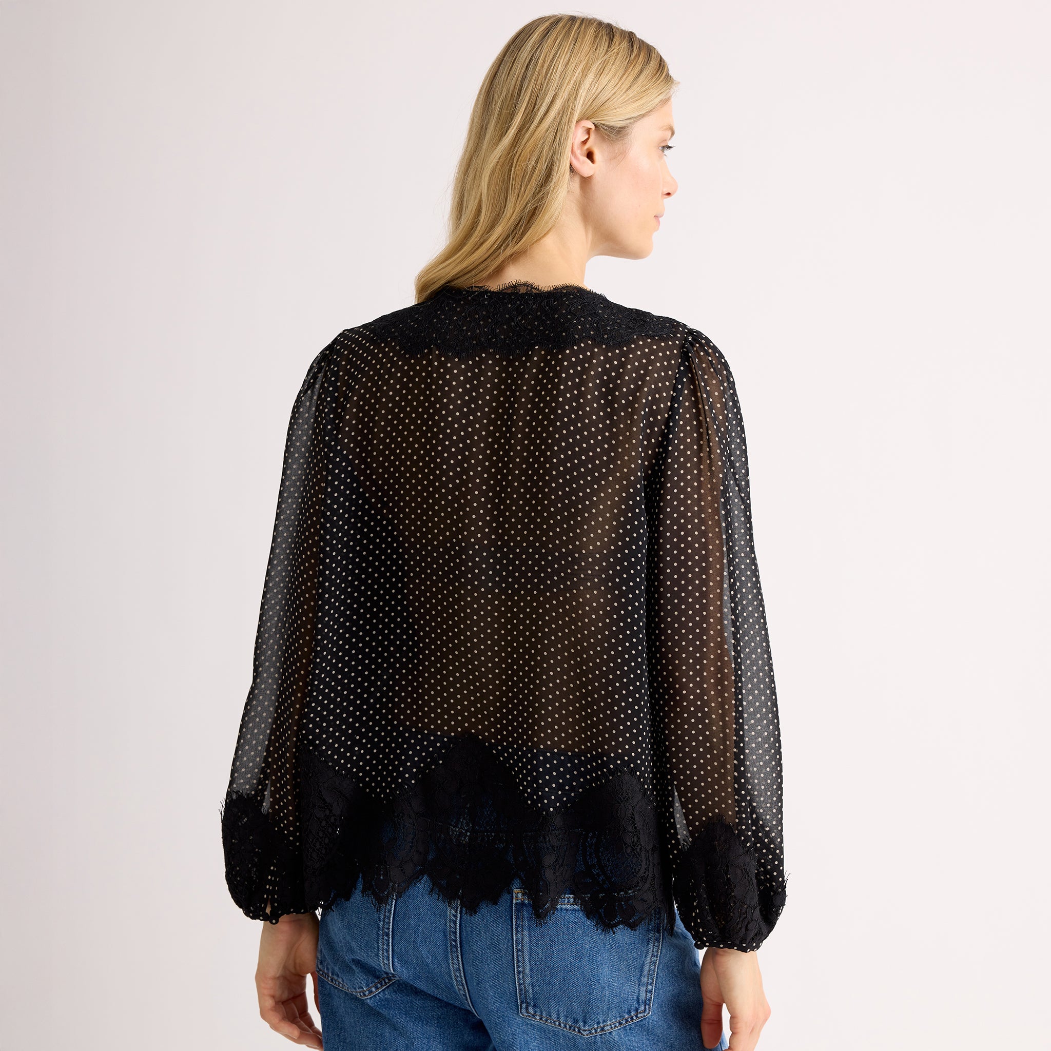 Lace Trim Chiffon Spot Blouse