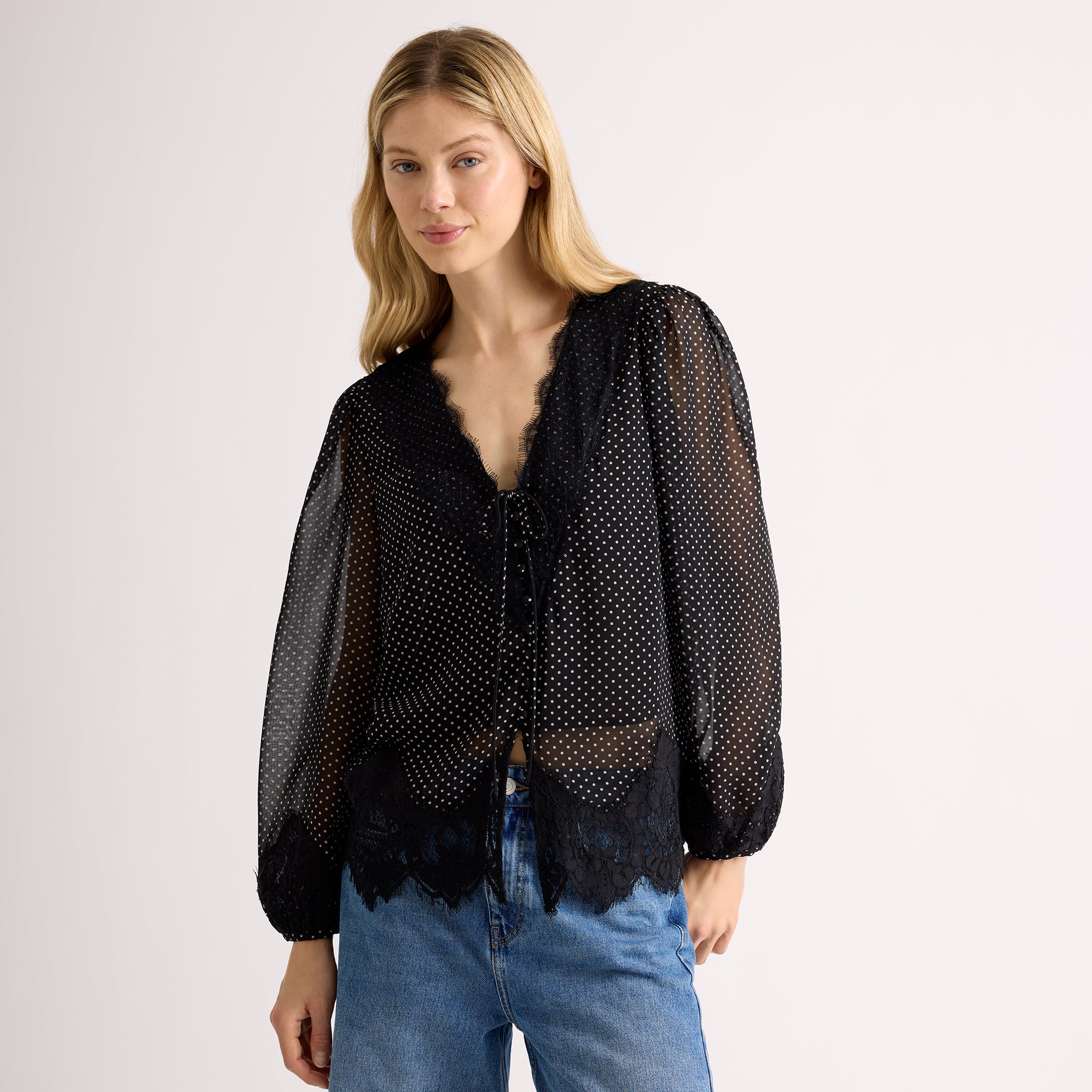 Lace Trim Chiffon Spot Blouse