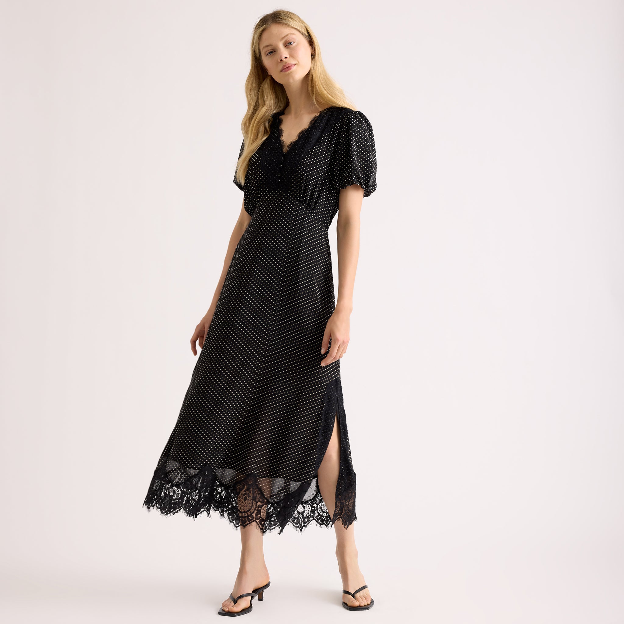 Lace Trim Chiffon Spot Dress