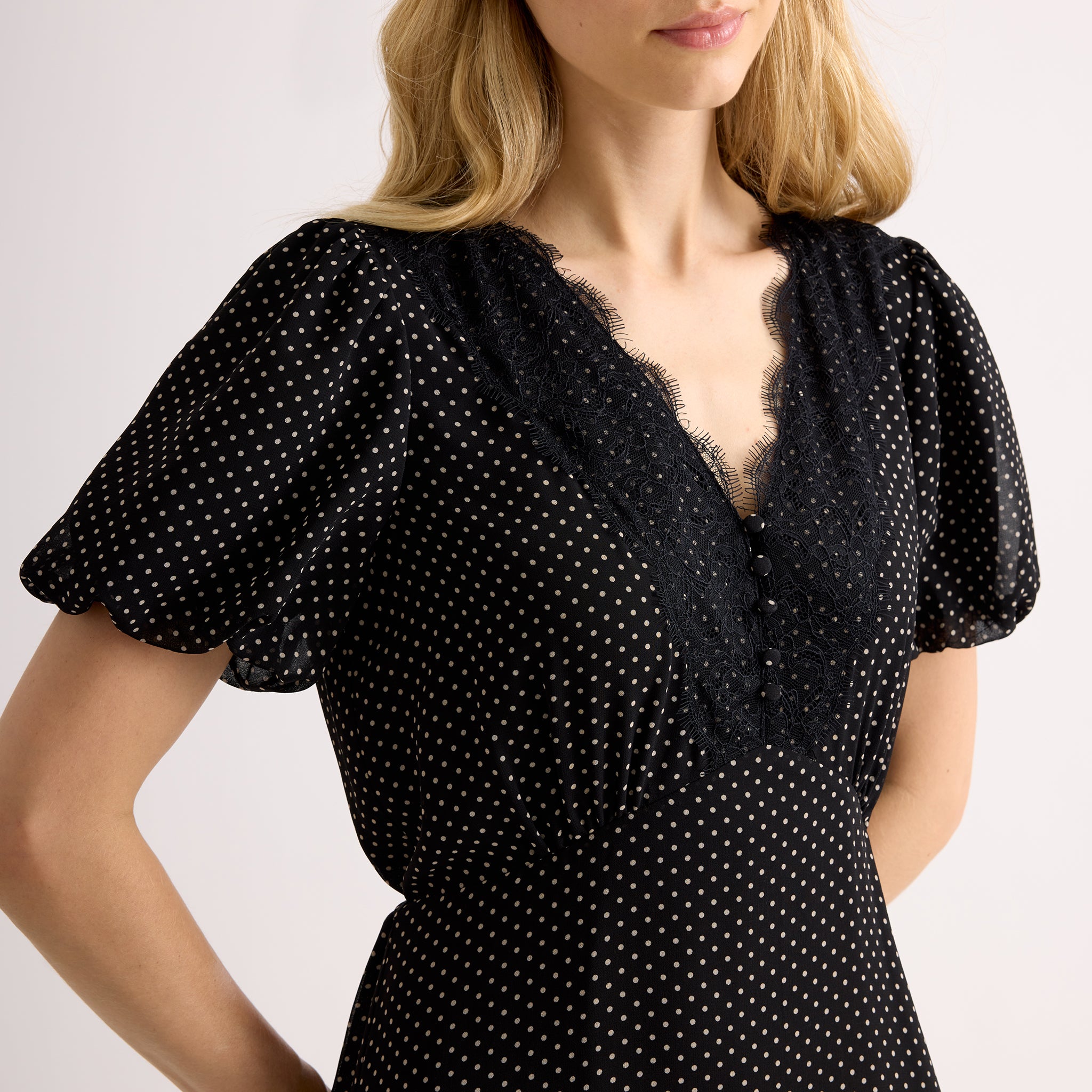 Lace Trim Chiffon Spot Dress