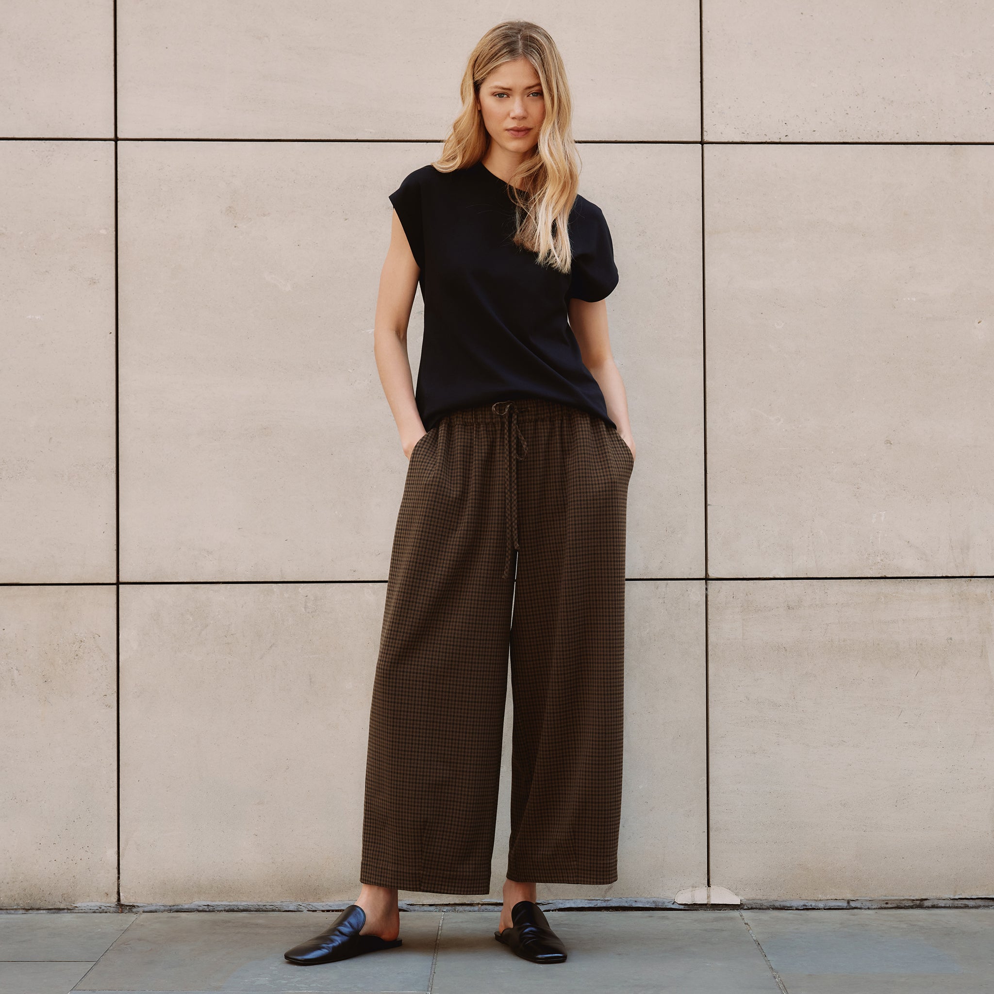 Chocolate Gingham Drawstring Barrel Trousers