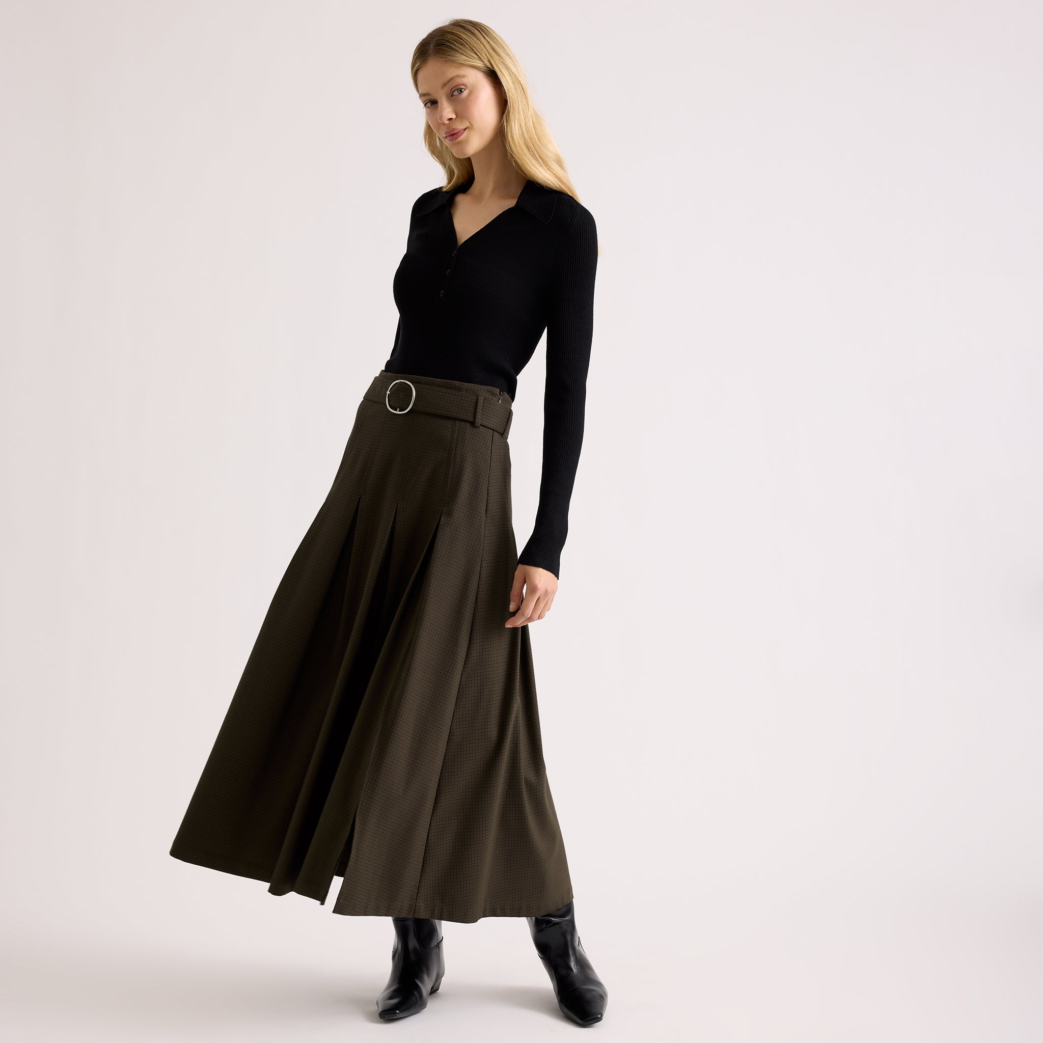 Chocolate Checked Belted Skirt