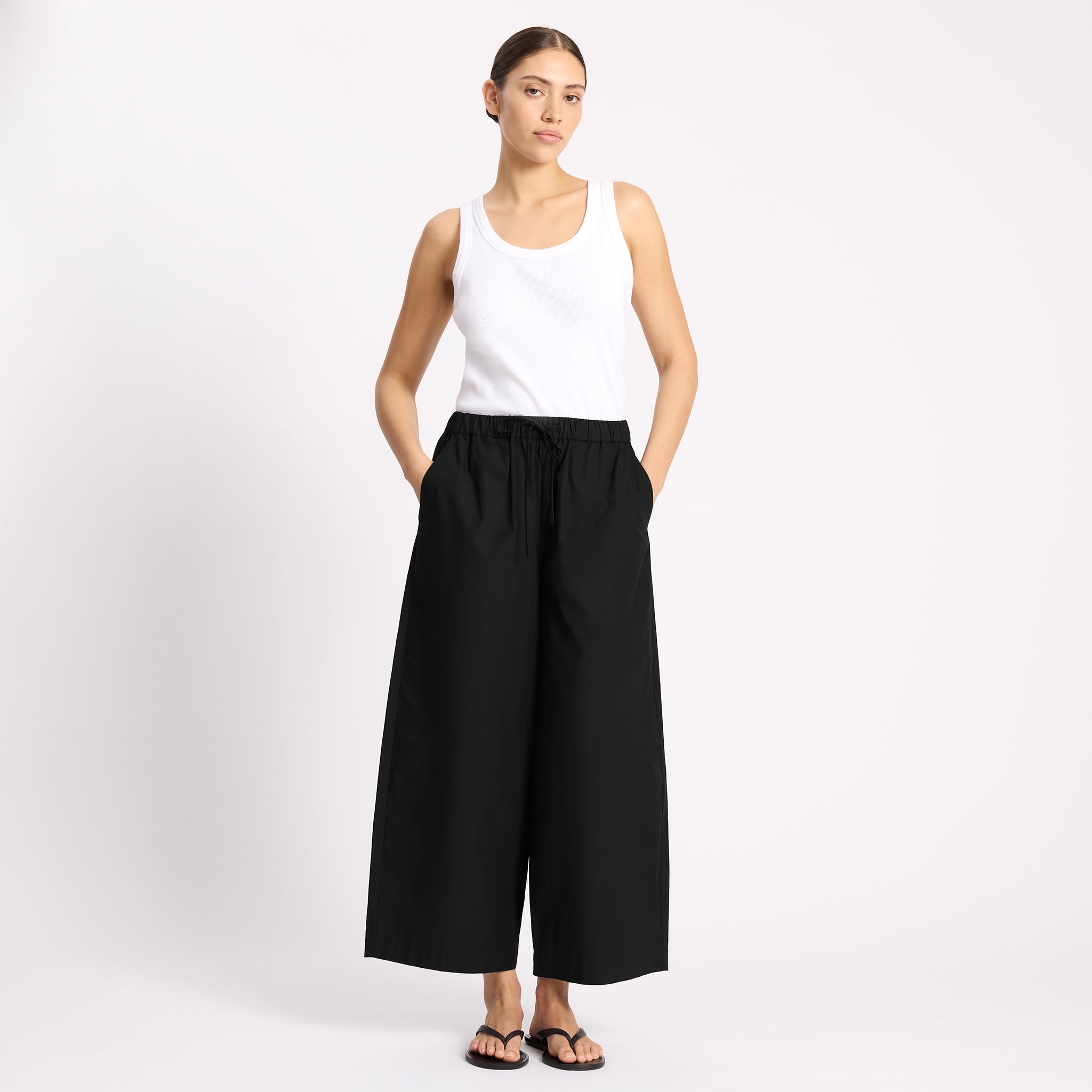 Black Cotton Drawstring Barrel Leg Trousers