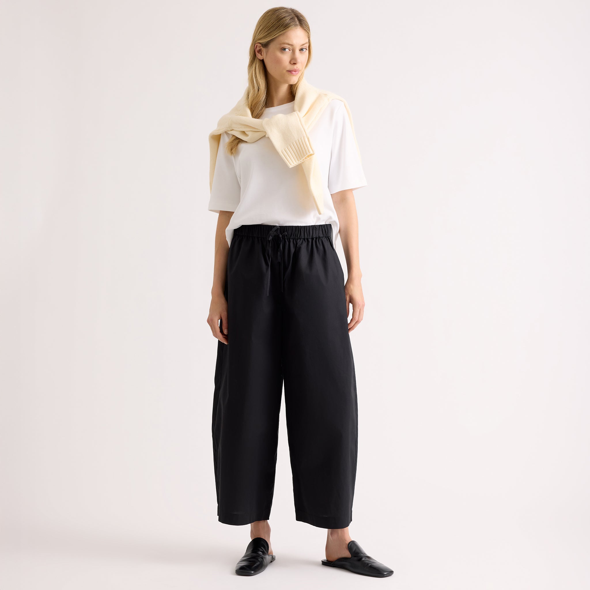 Black Cotton Drawstring Barrel Leg Trousers
