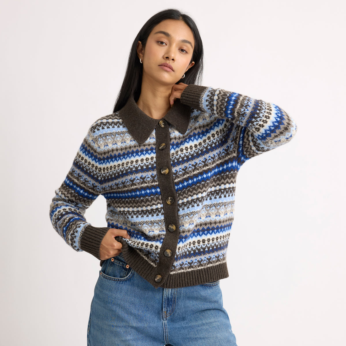 Blue Fair Isle Collar Cardigan