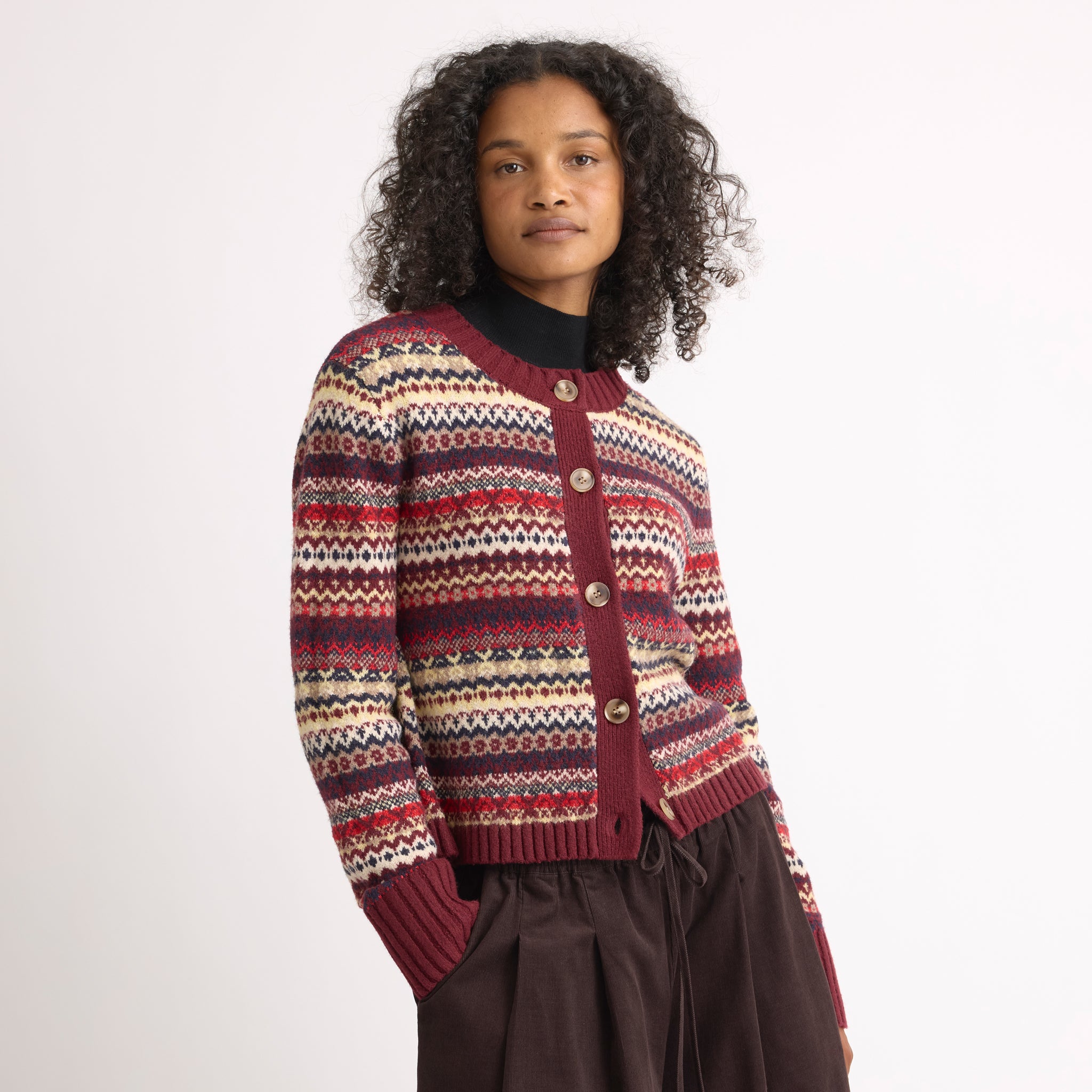 Burgundy Fair Isle Crew Cardigan