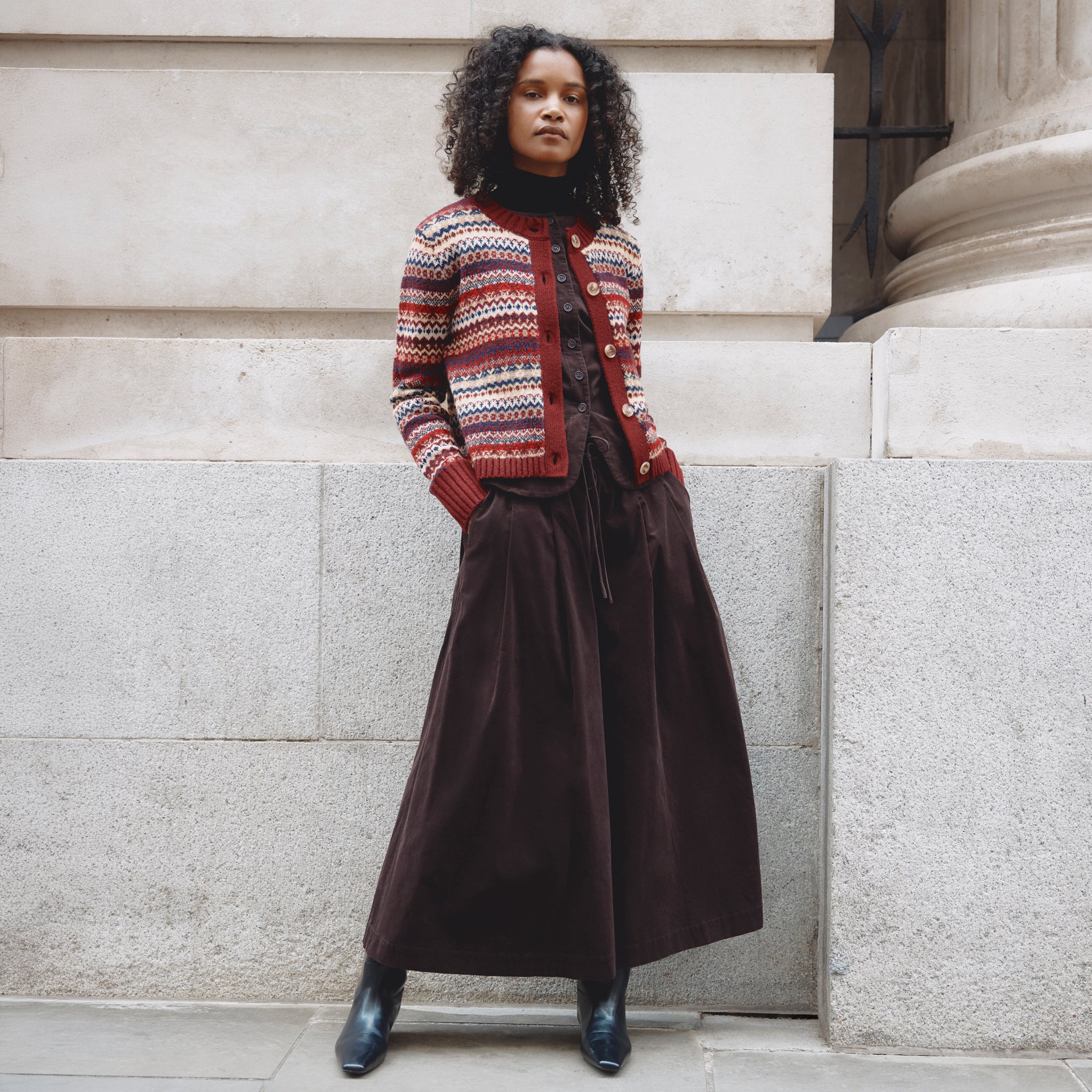 Burgundy Fair Isle Crew Cardigan