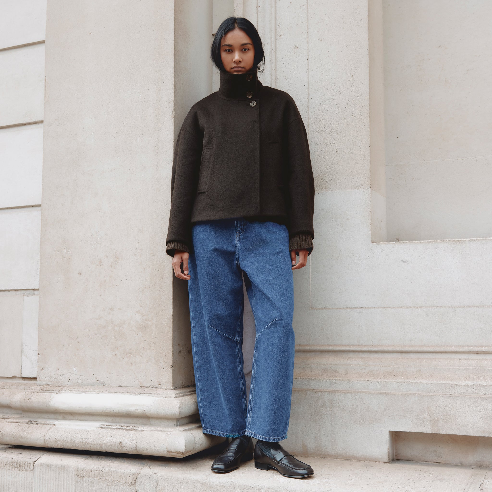 Wool Blend Chocolate Funnel Neck Jacket