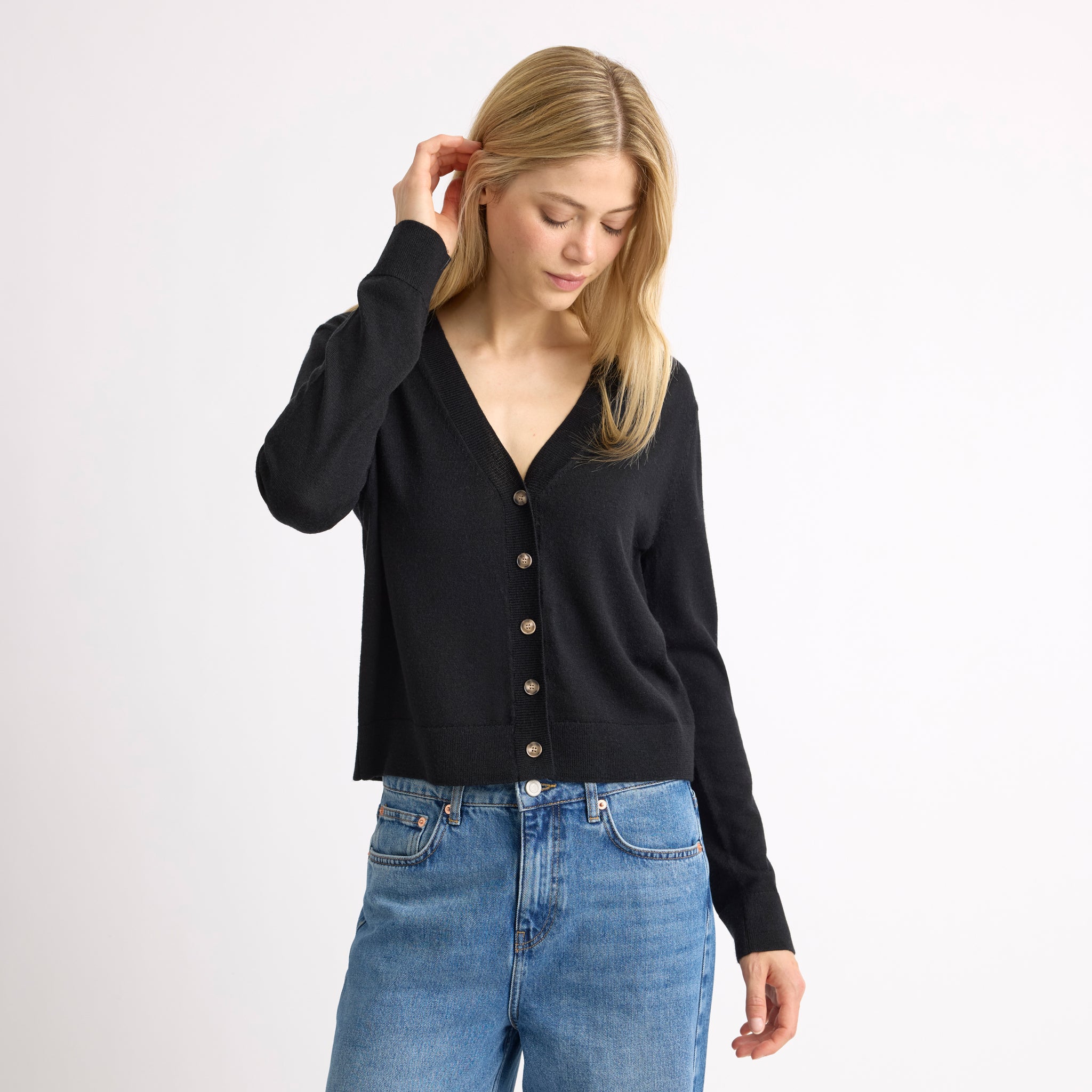 Black Merino V Neck Cardigan