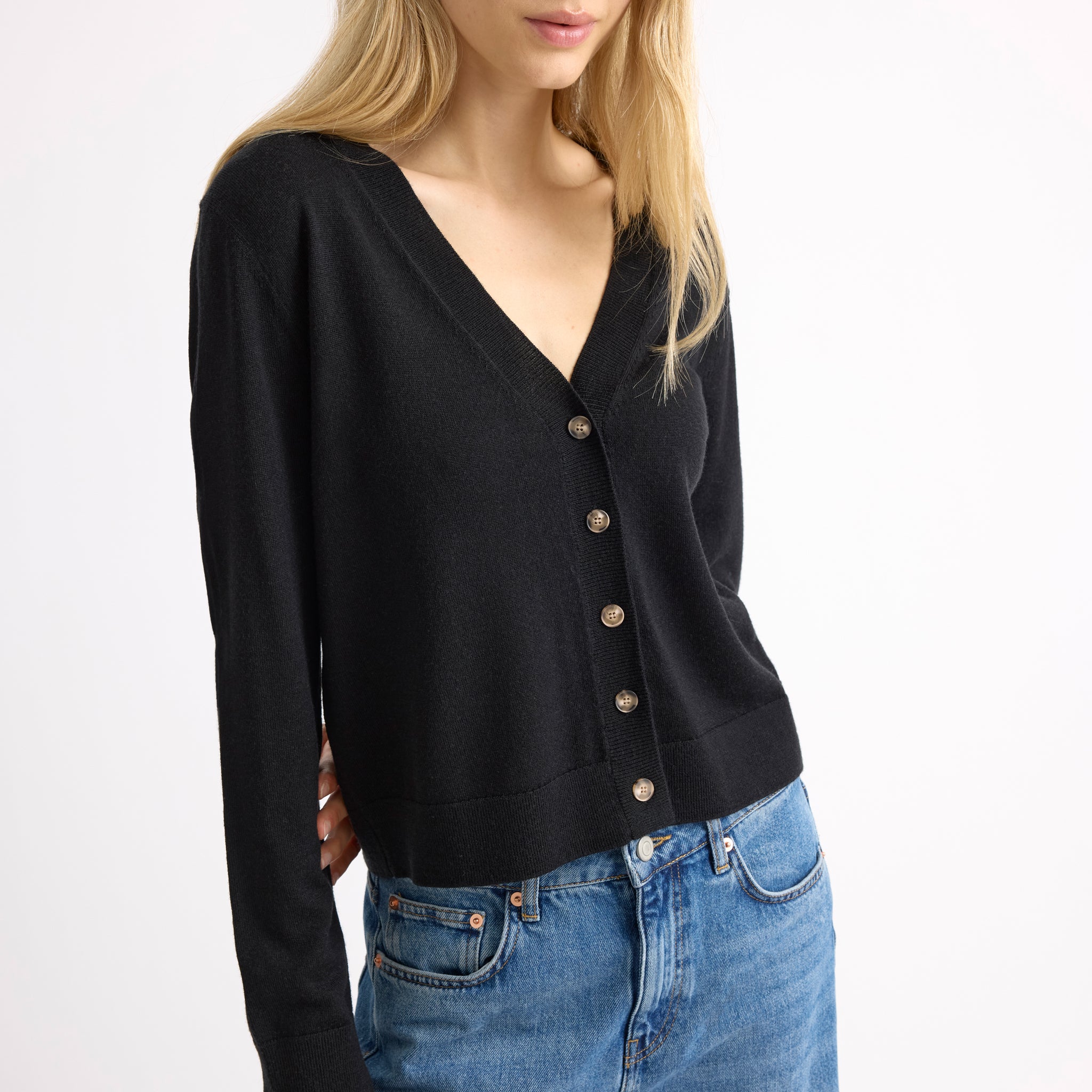 Black Merino V Neck Cardigan