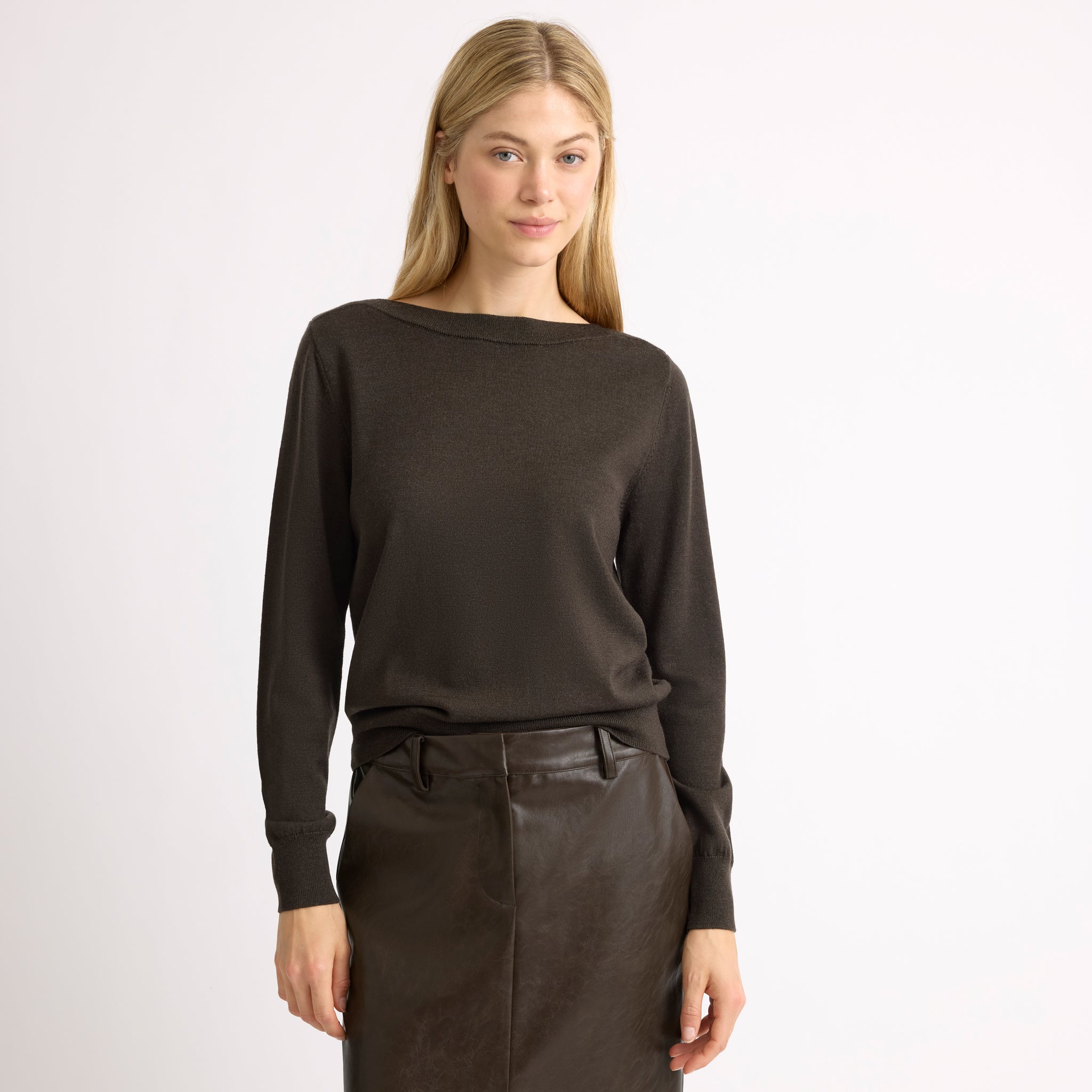 Chocolate Merino Slash Neck Jumper