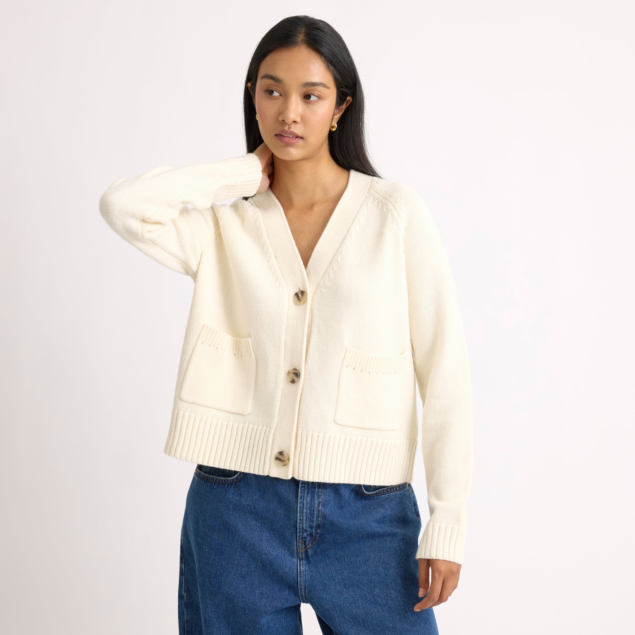 Cream Relaxed V Neck Cardigan