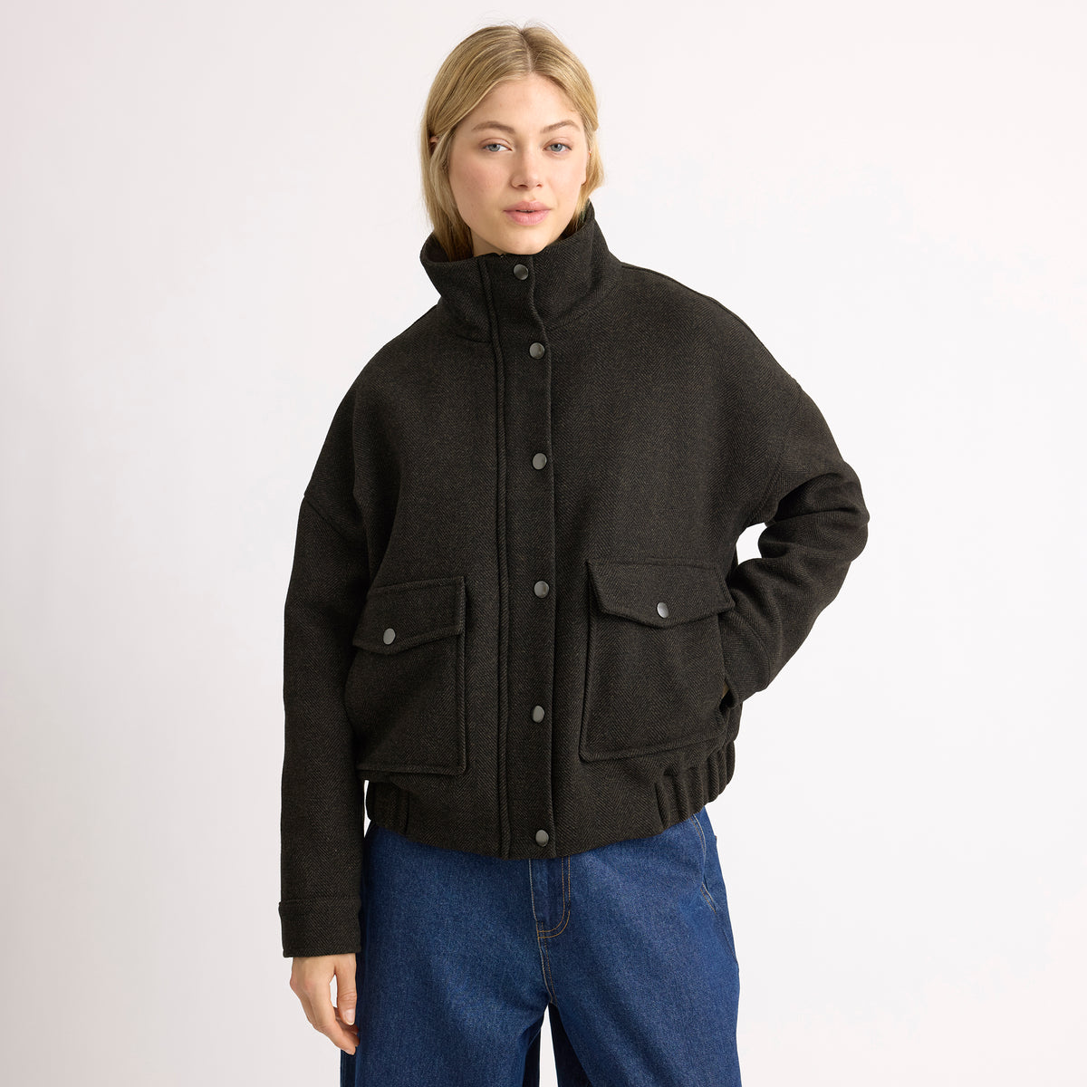 Funnel Neck Herringbone Jacket