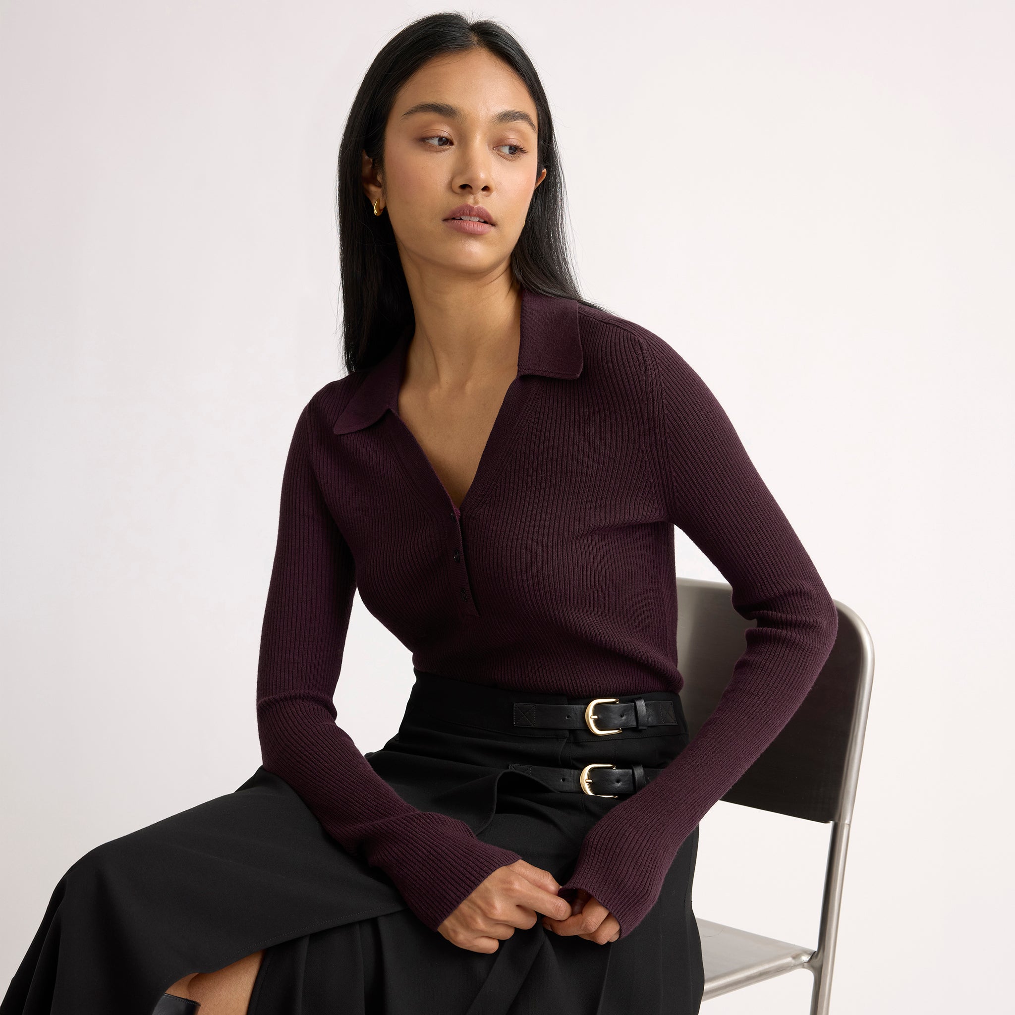 Rib V Neck Top with Collar