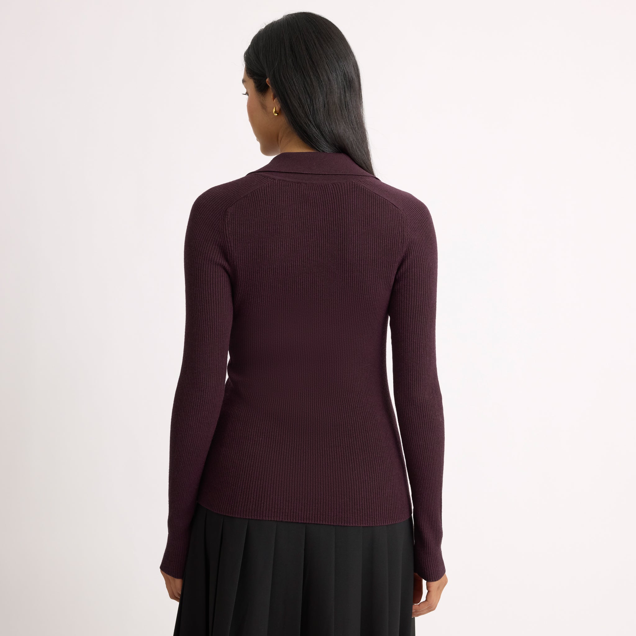 Burgundy Rib V Neck Long Sleeve Top