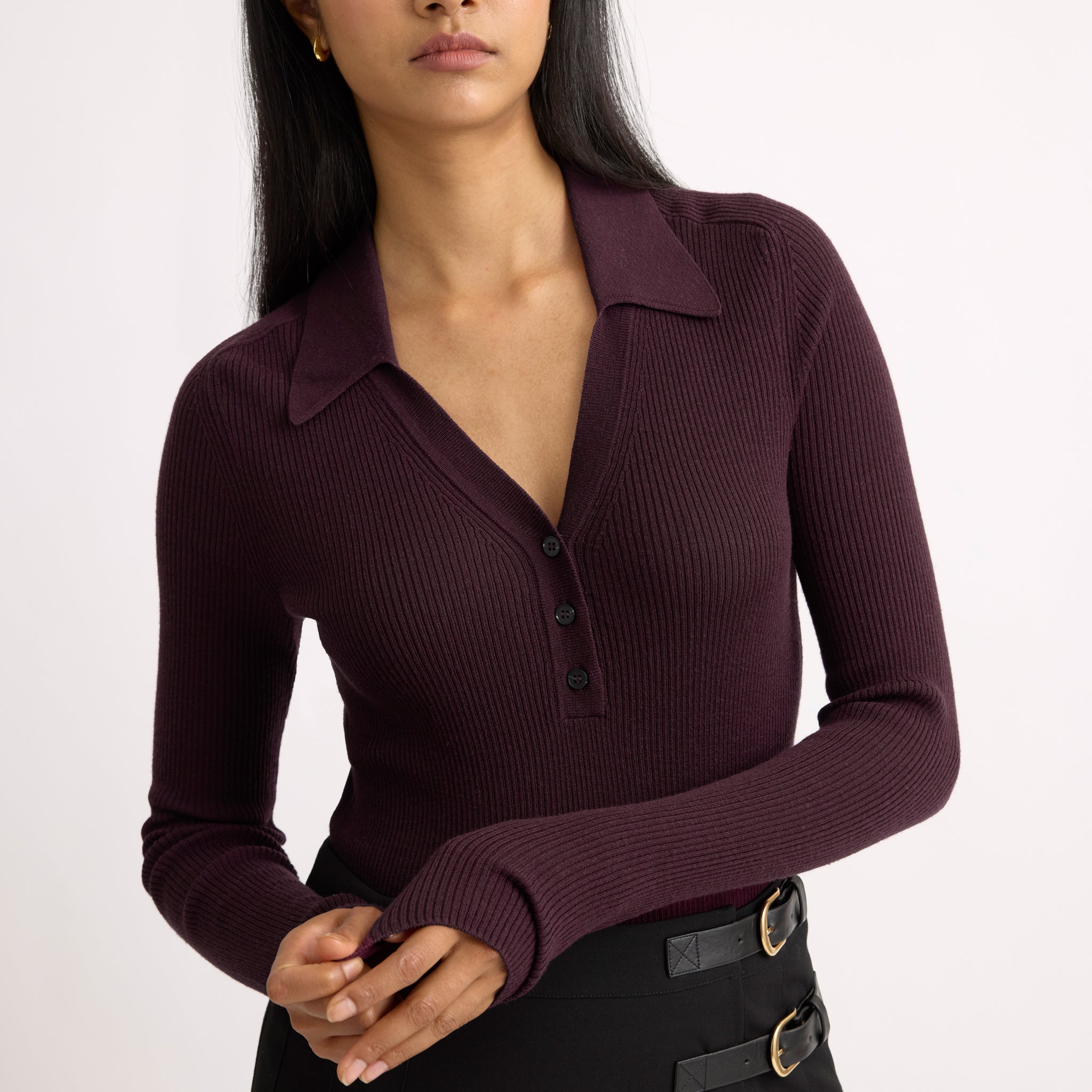 Burgundy Rib V Neck Long Sleeve Top