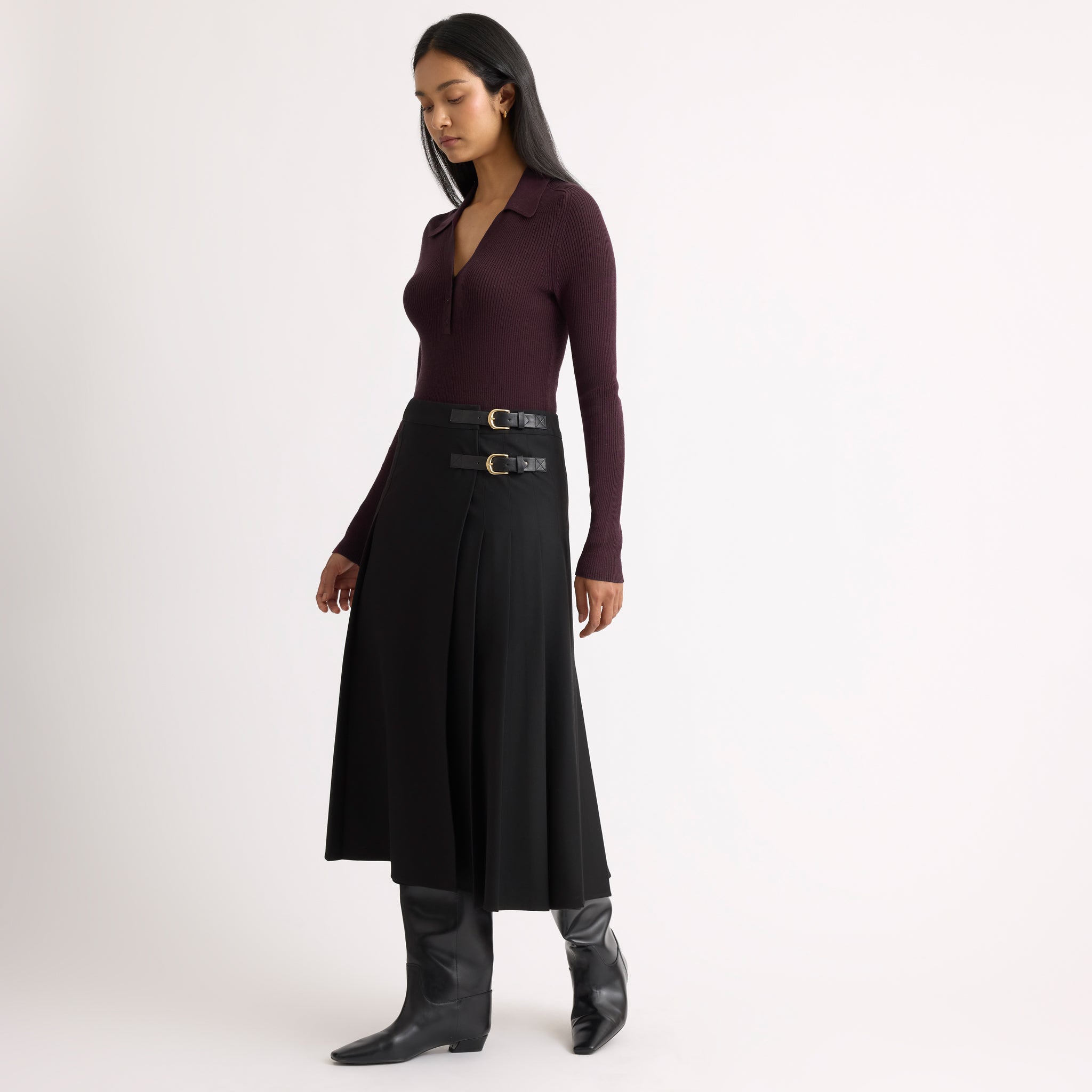 Burgundy Rib V Neck Long Sleeve Top