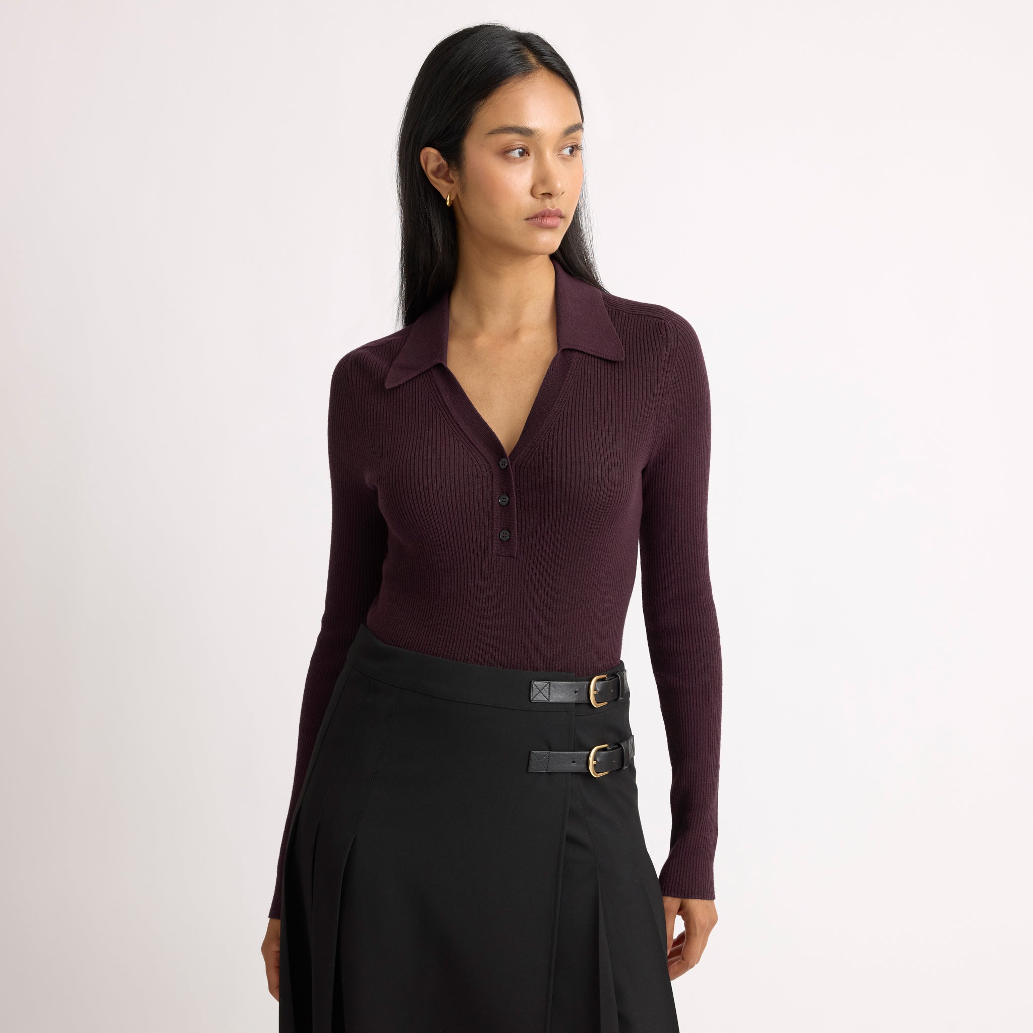 Burgundy Rib V Neck Long Sleeve Top