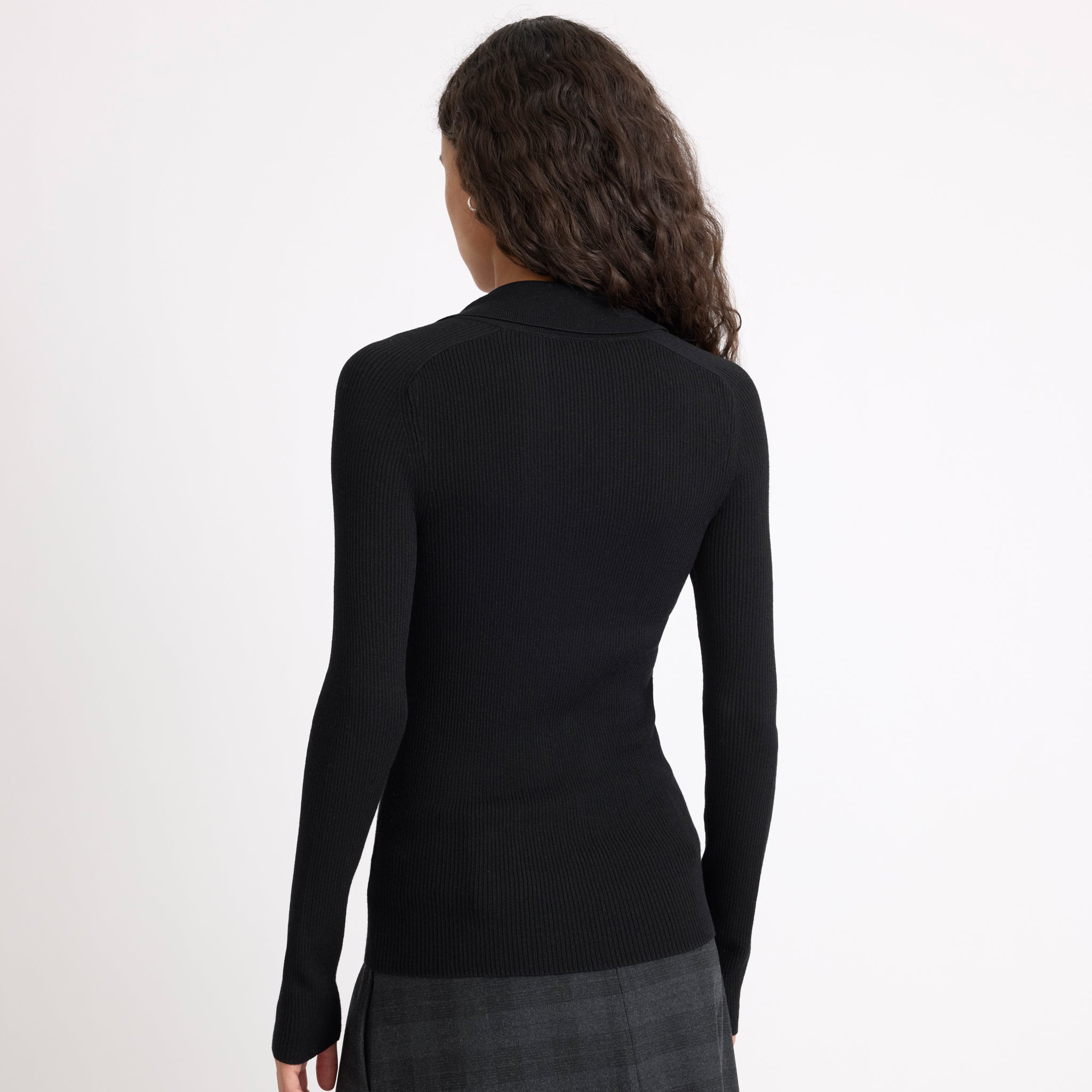 Black Rib V Neck Long Sleeve Top