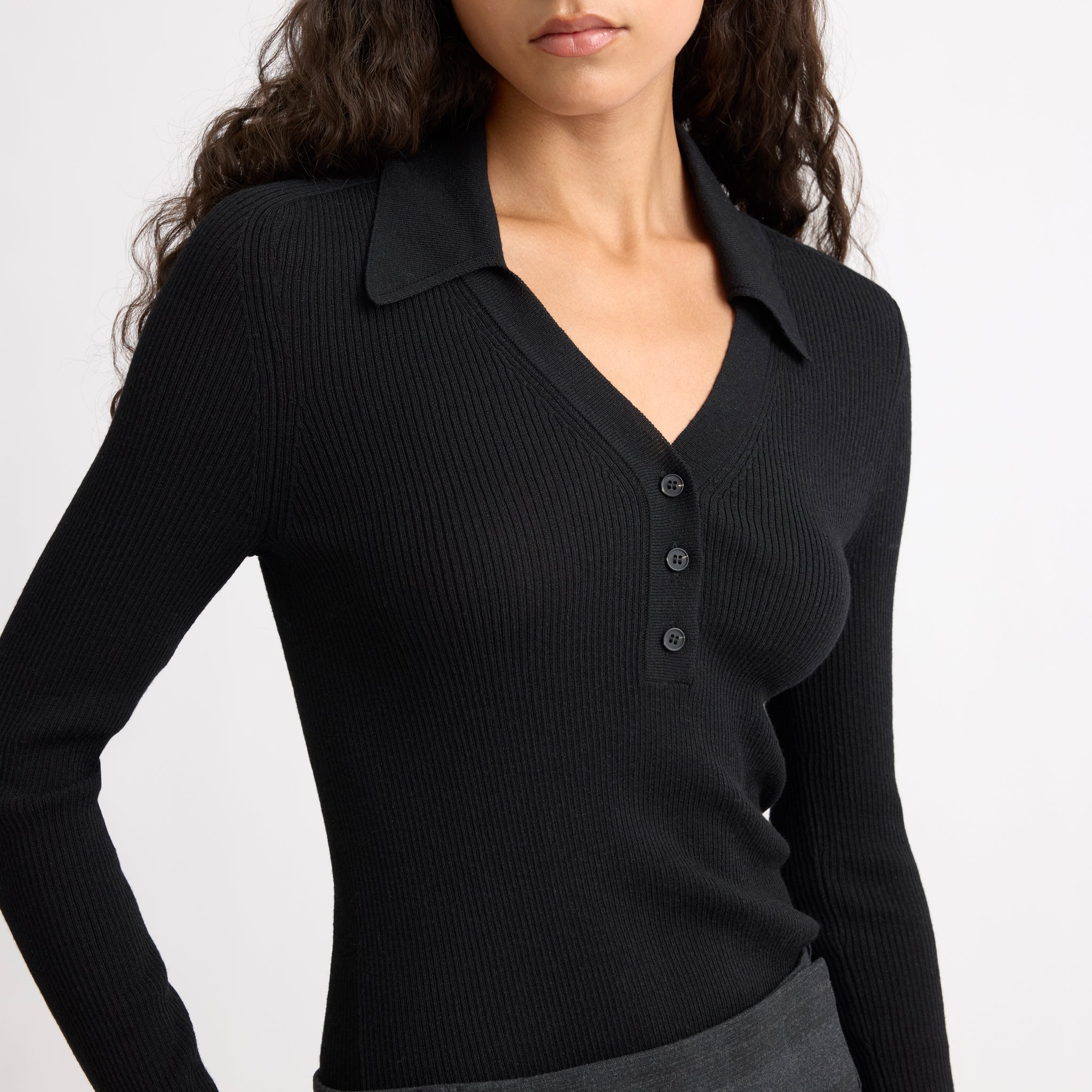 Black Rib V Neck Long Sleeve Top