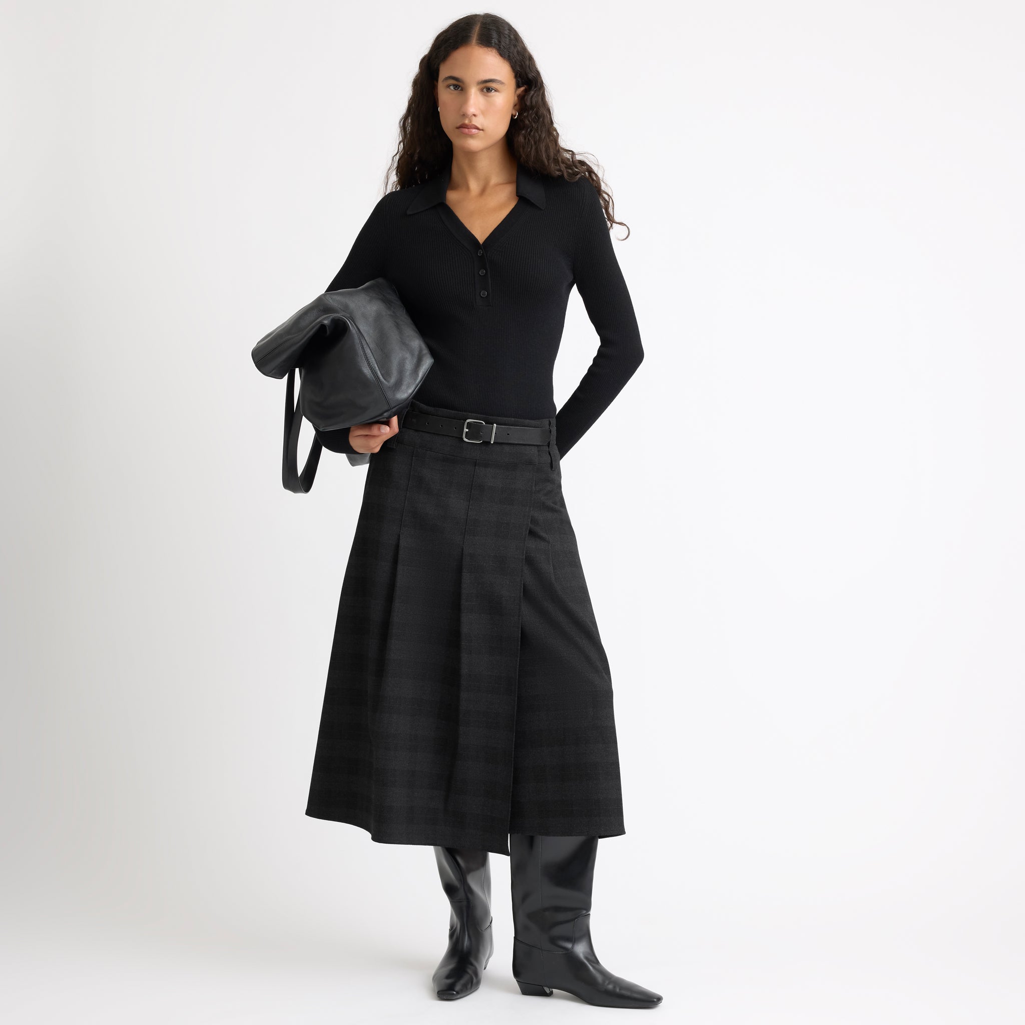 Black Rib V Neck Long Sleeve Top