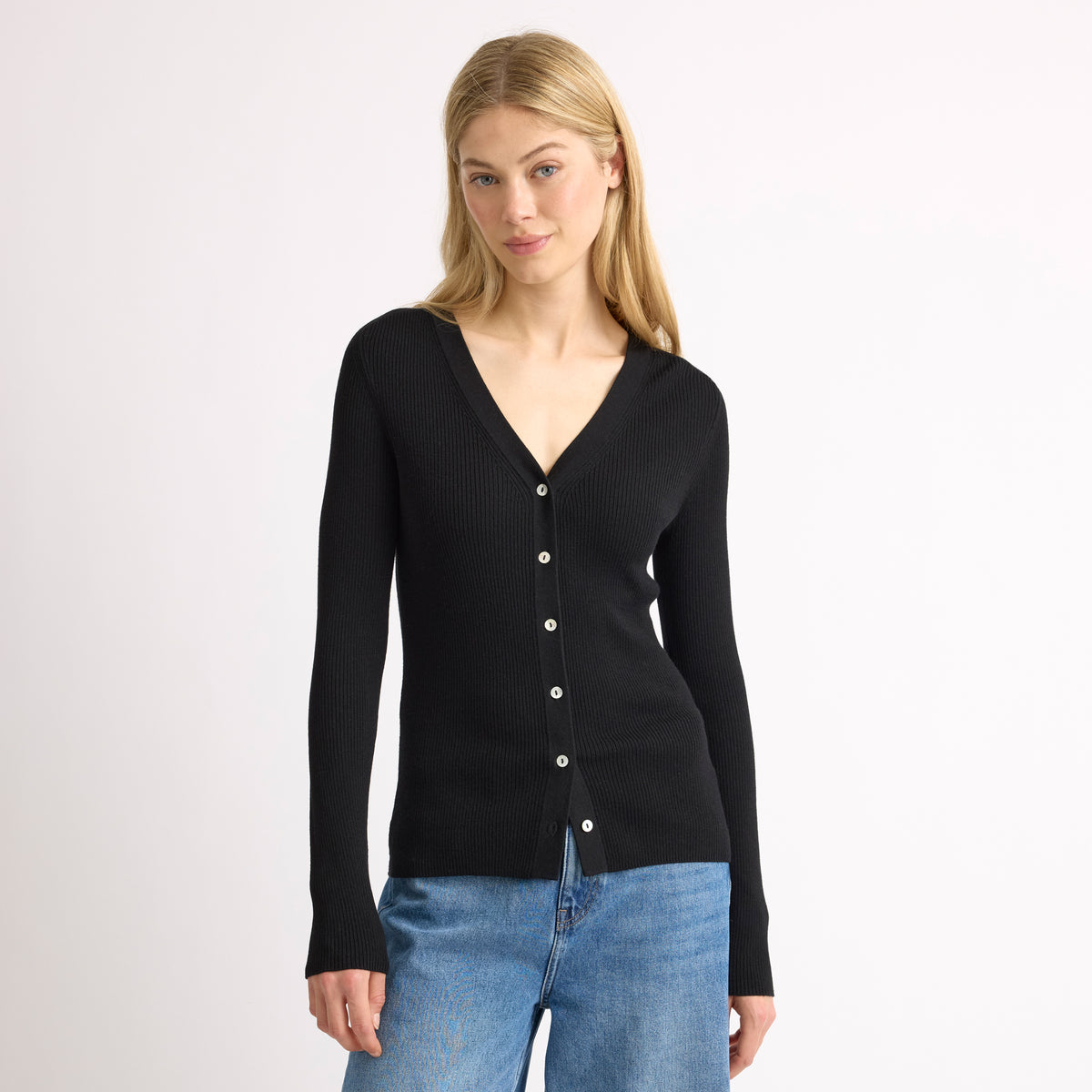 Black Rib V Neck Cardigan