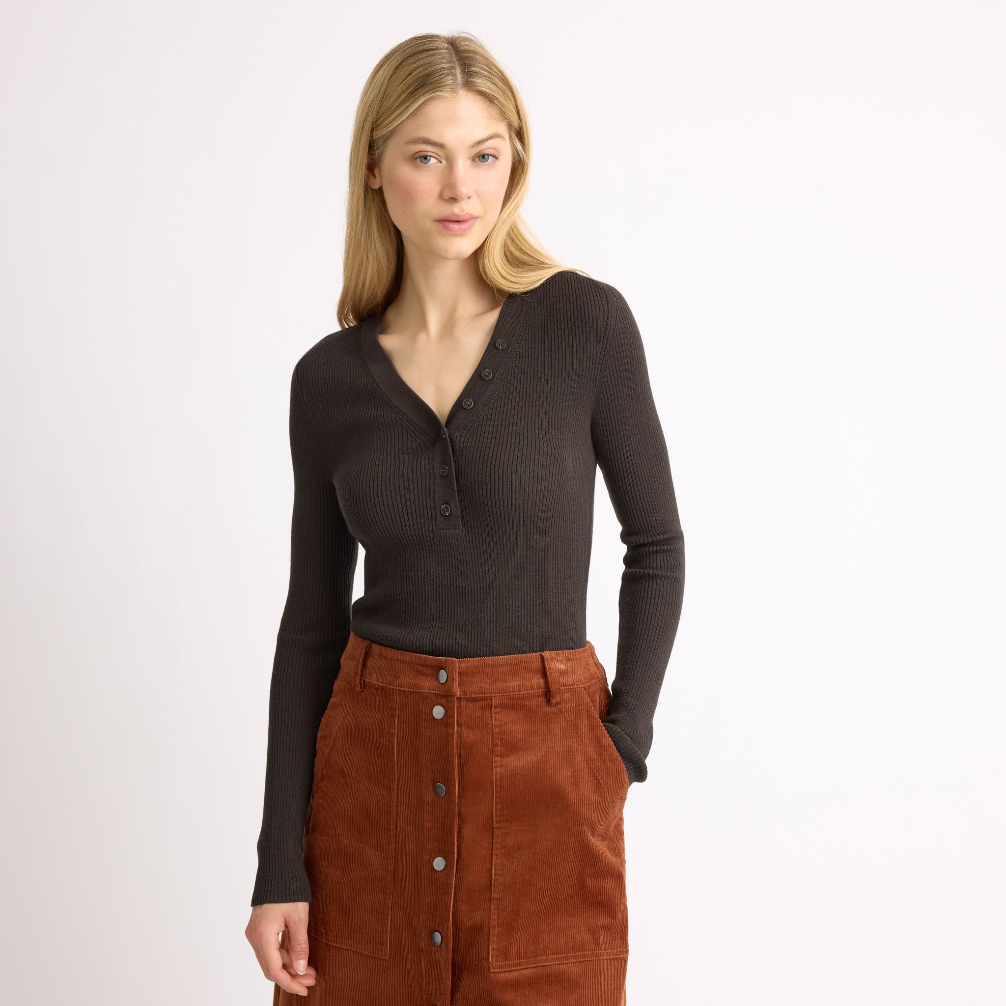 Chocolate Rib Button V Neck Long Sleeve Top