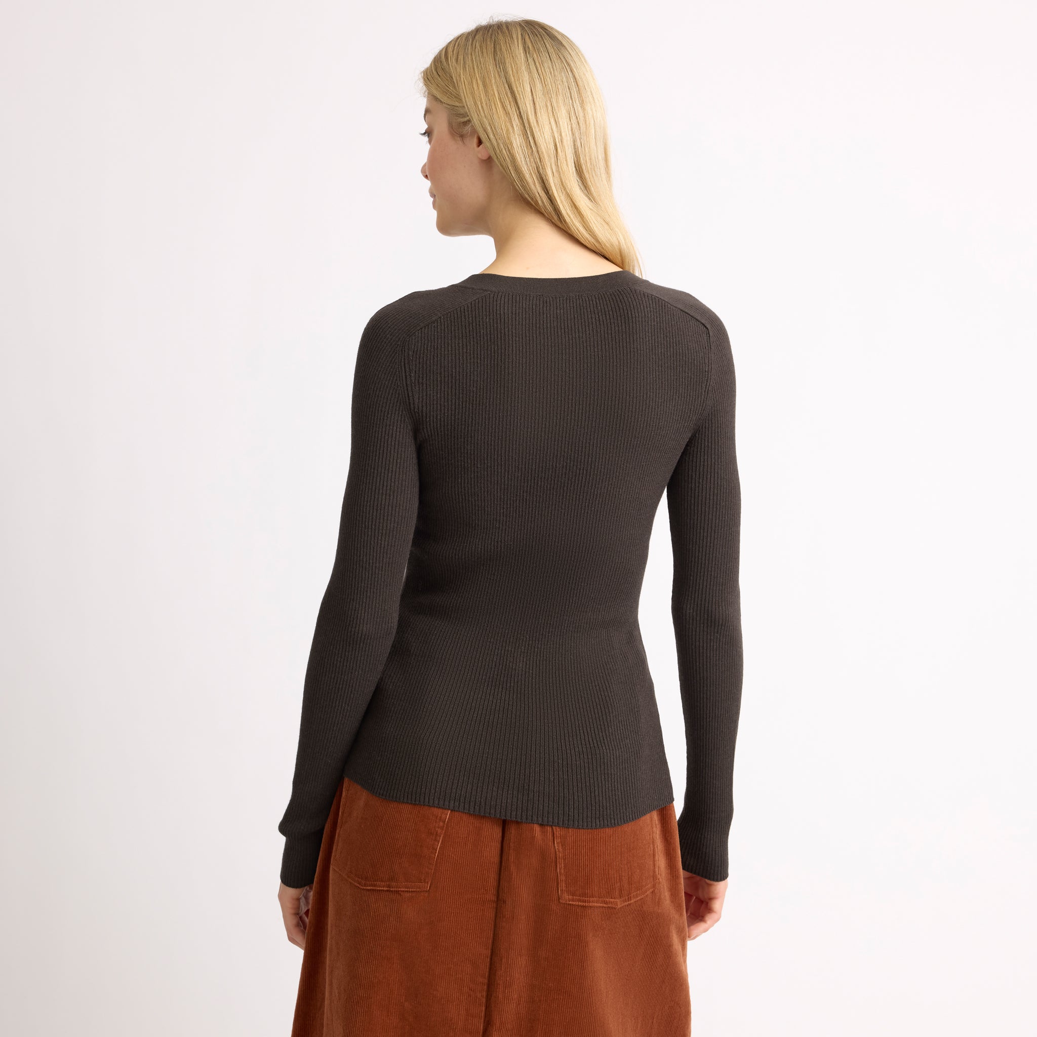 Chocolate Rib Button V Neck Long Sleeve Top