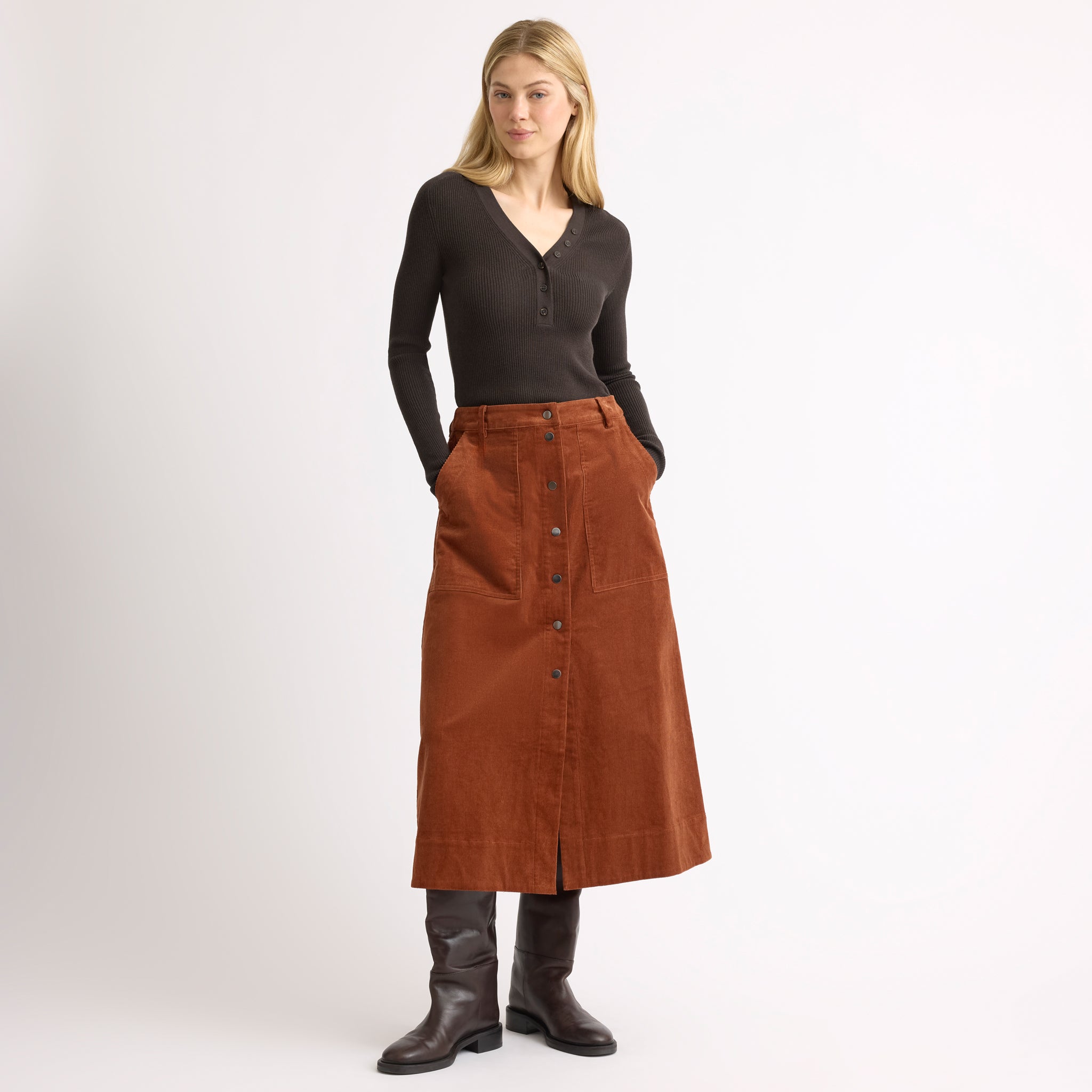 Chocolate Rib Button V Neck Long Sleeve Top