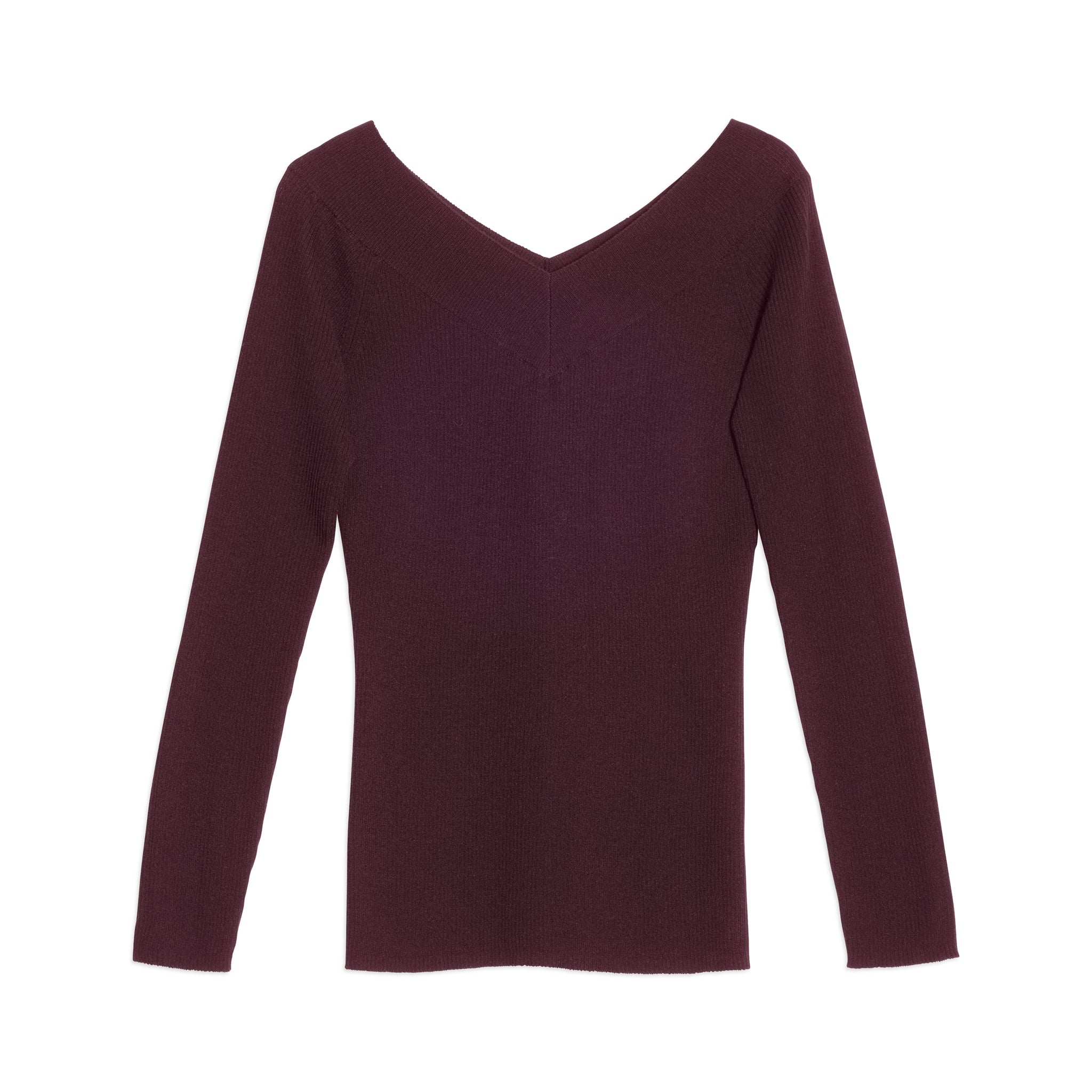 Burgundy Bardot Long Sleeve Rib Top