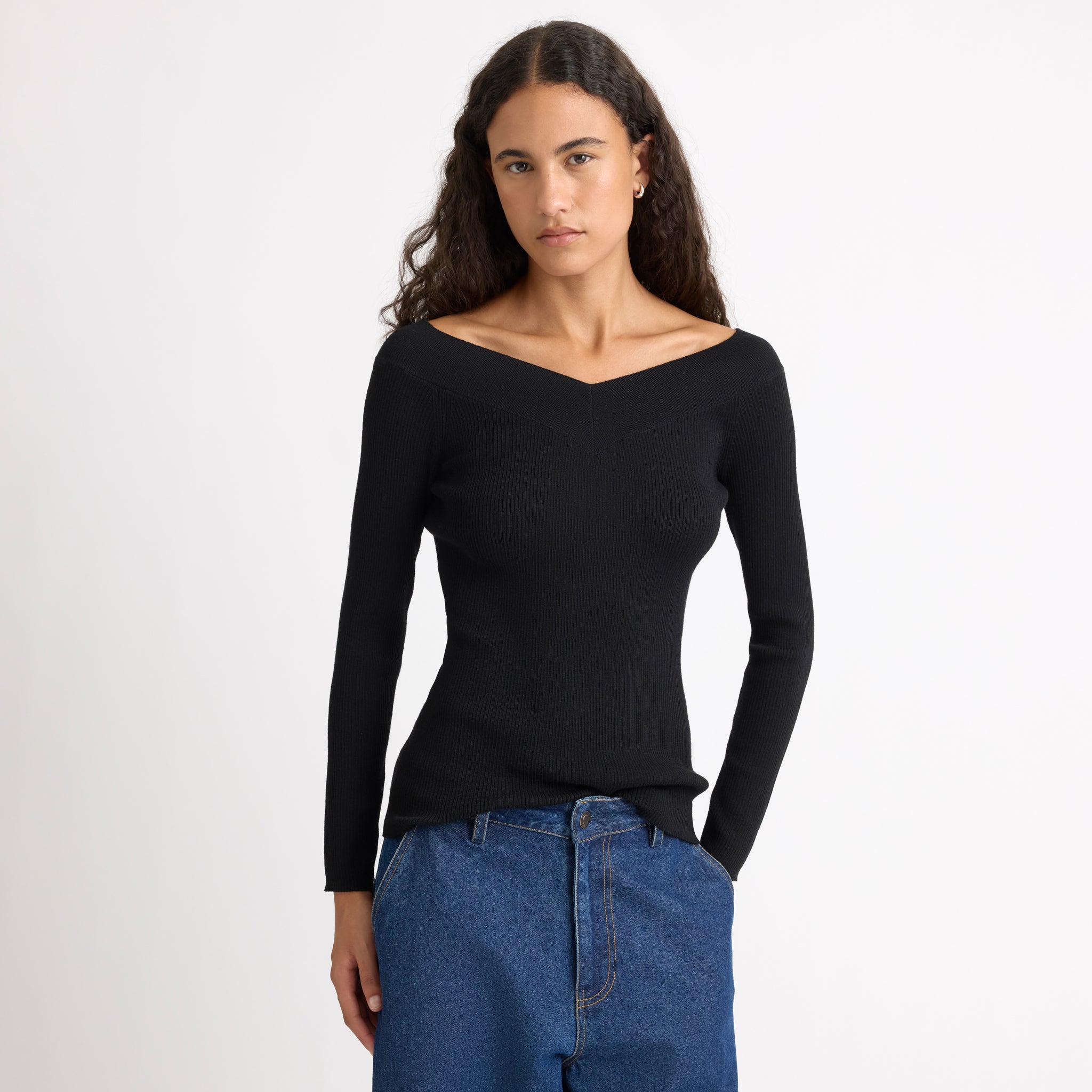 Black Bardot Long Sleeve Rib Top