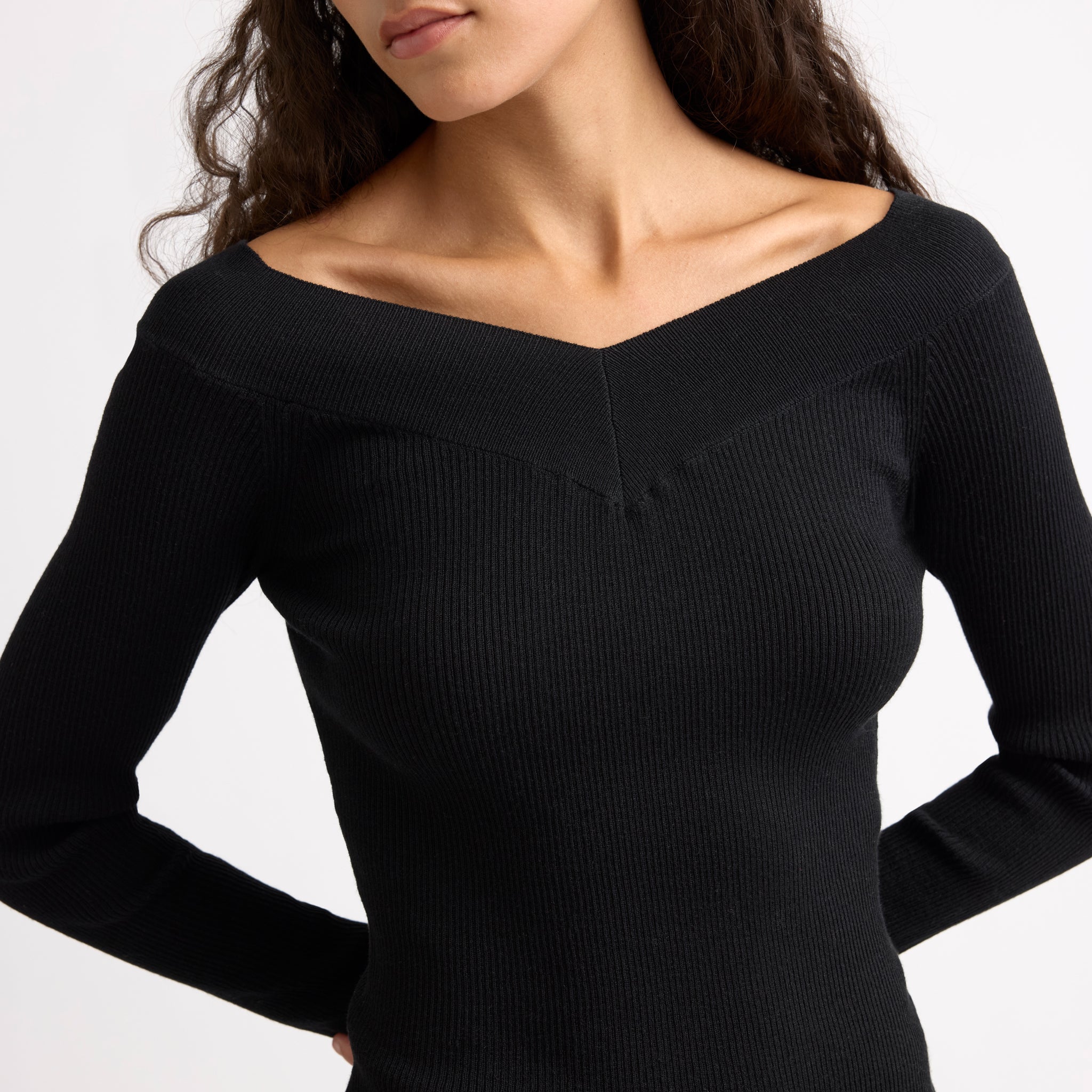 Black Bardot Long Sleeve Rib Top