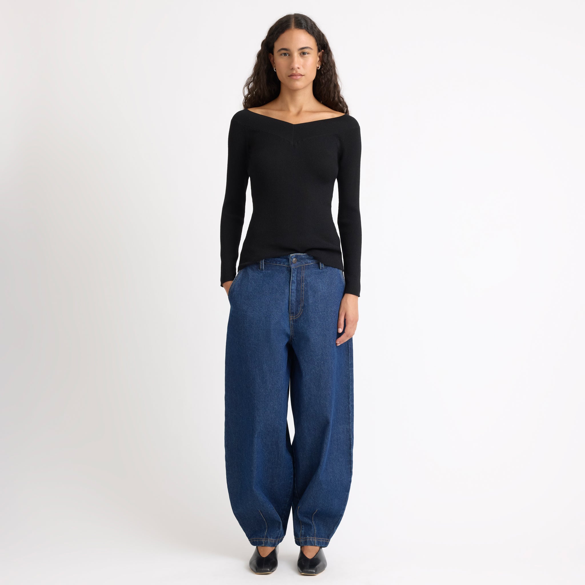 Black Bardot Long Sleeve Rib Top