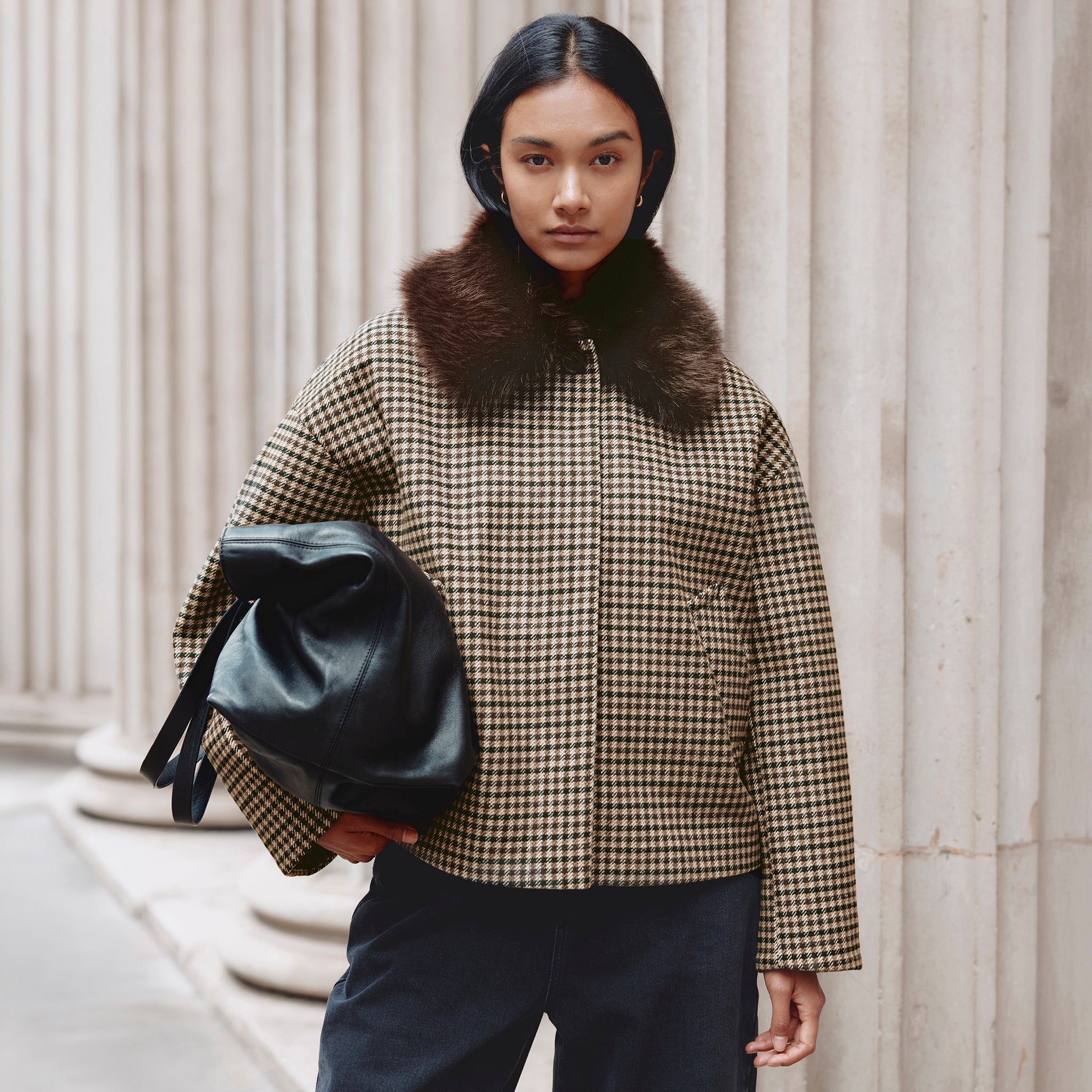 Check Fur Collar Jacket