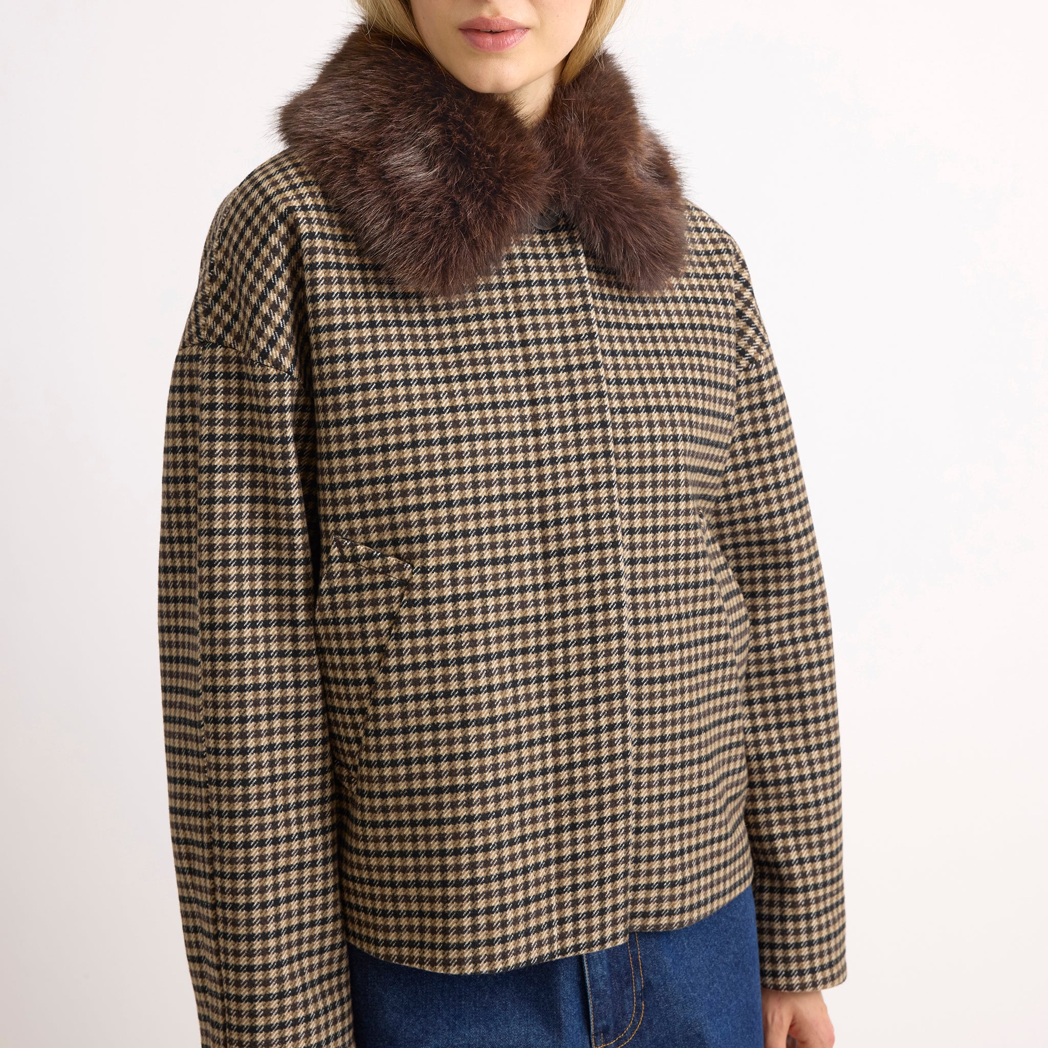 Check Fur Collar Jacket