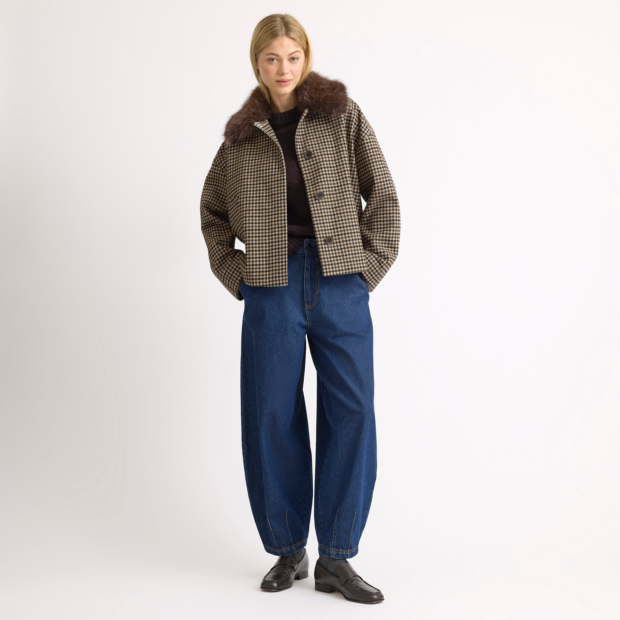 Check Fur Collar Jacket