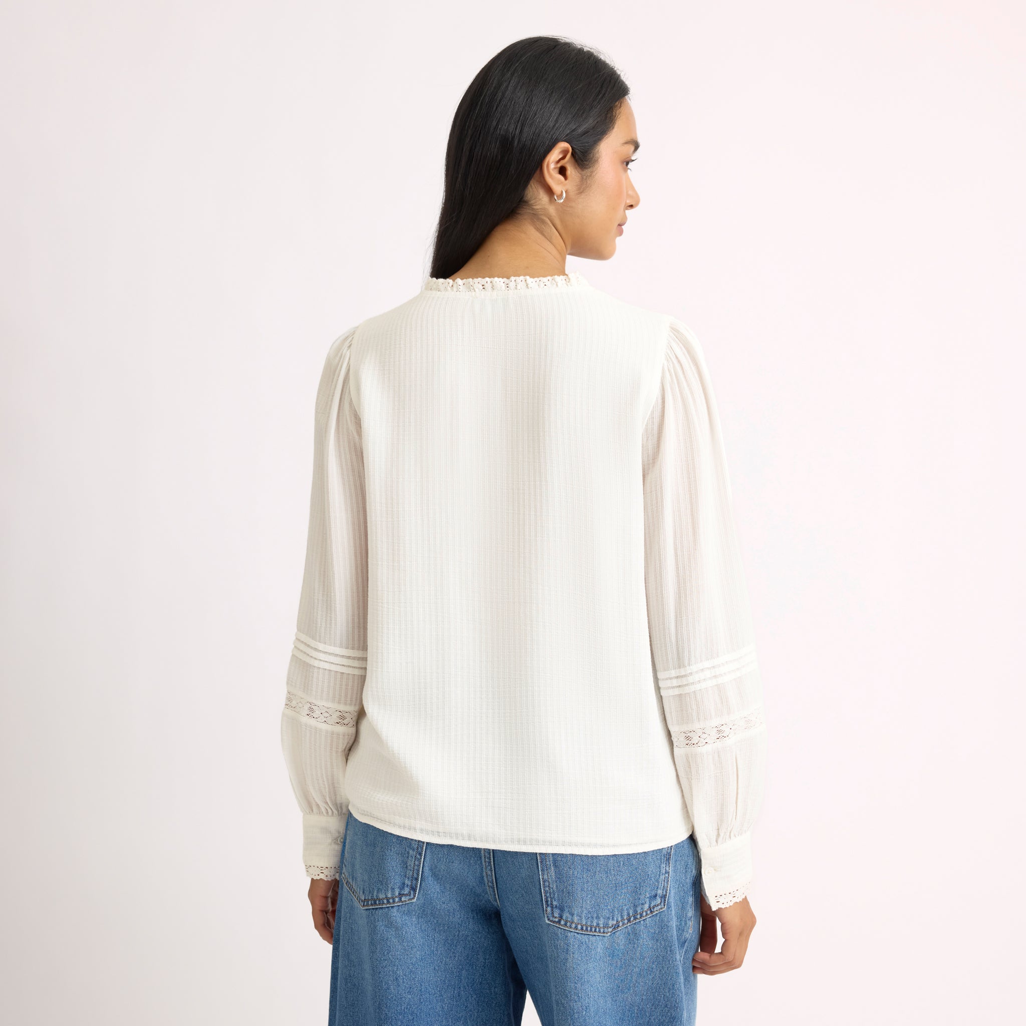 Cream Lace Trim V Neck Blouse