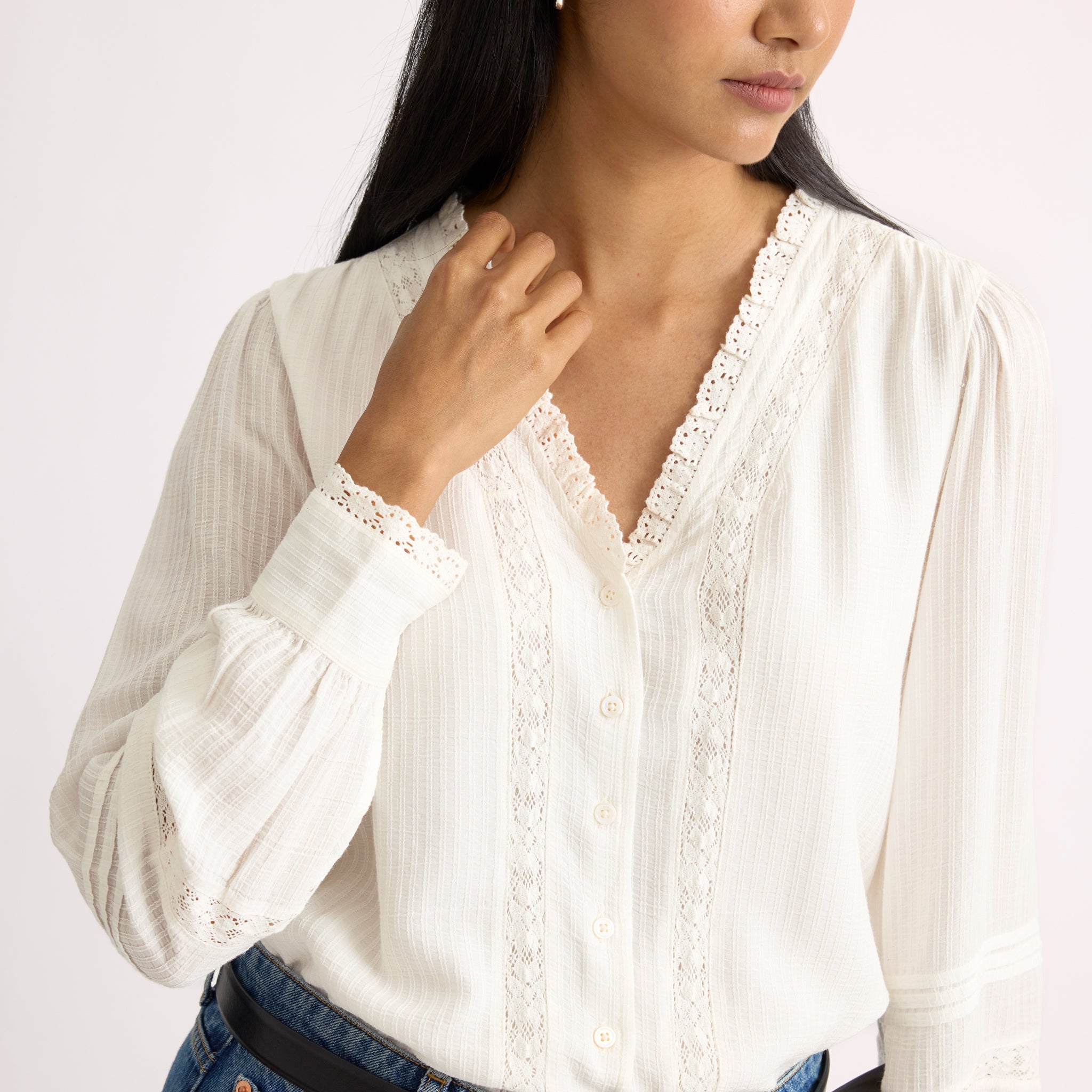 Cream Lace Trim V Neck Blouse