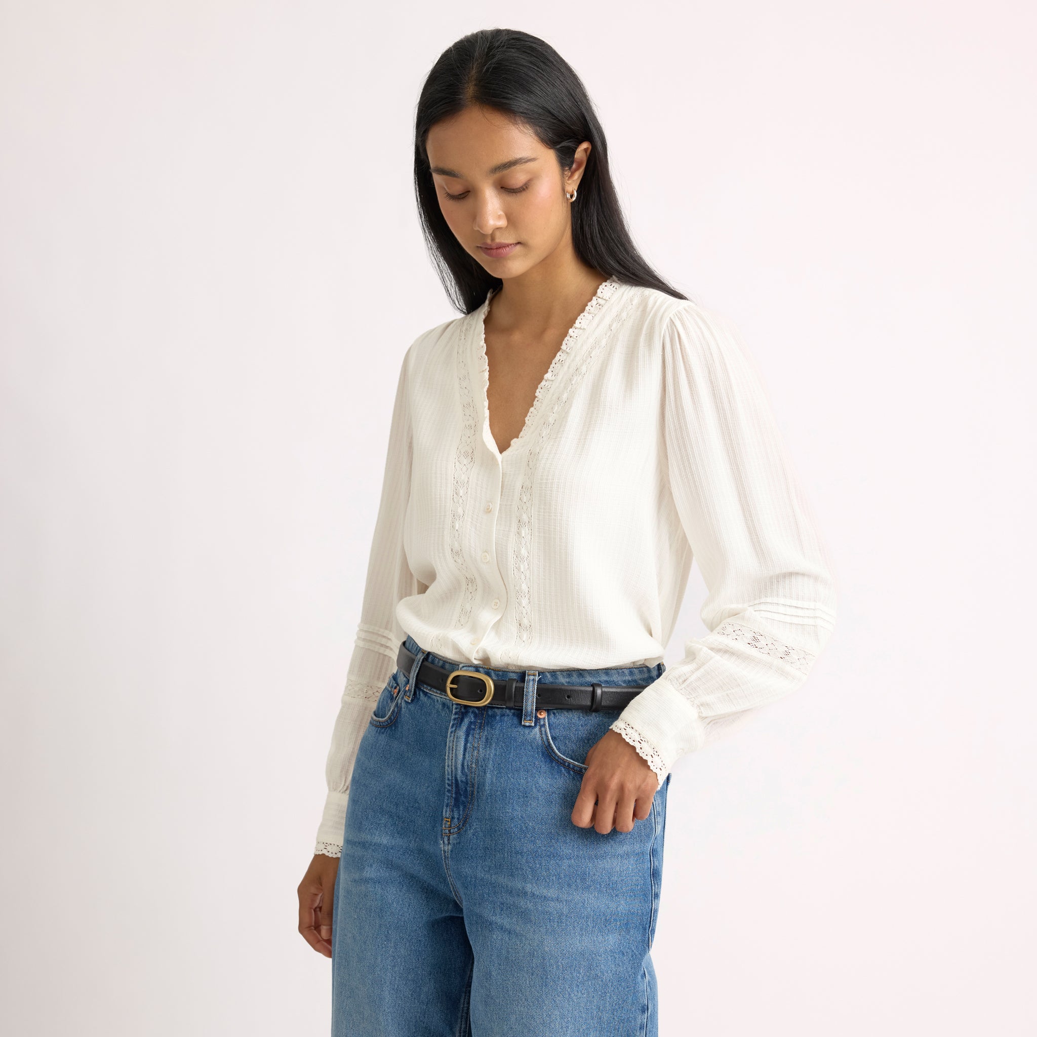 Cream Lace Trim V Neck Blouse
