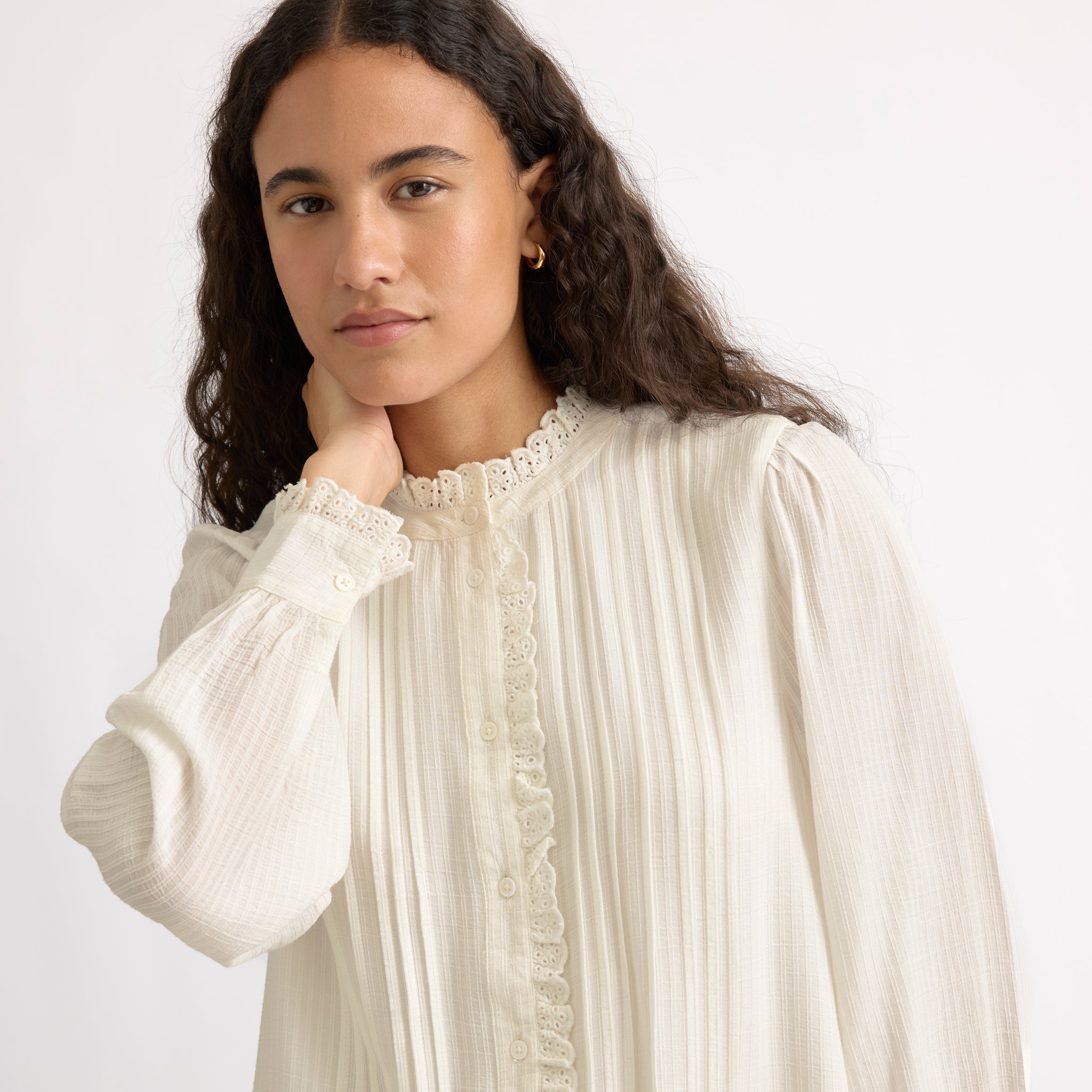 Cream Lace Edge High Neck Blouse
