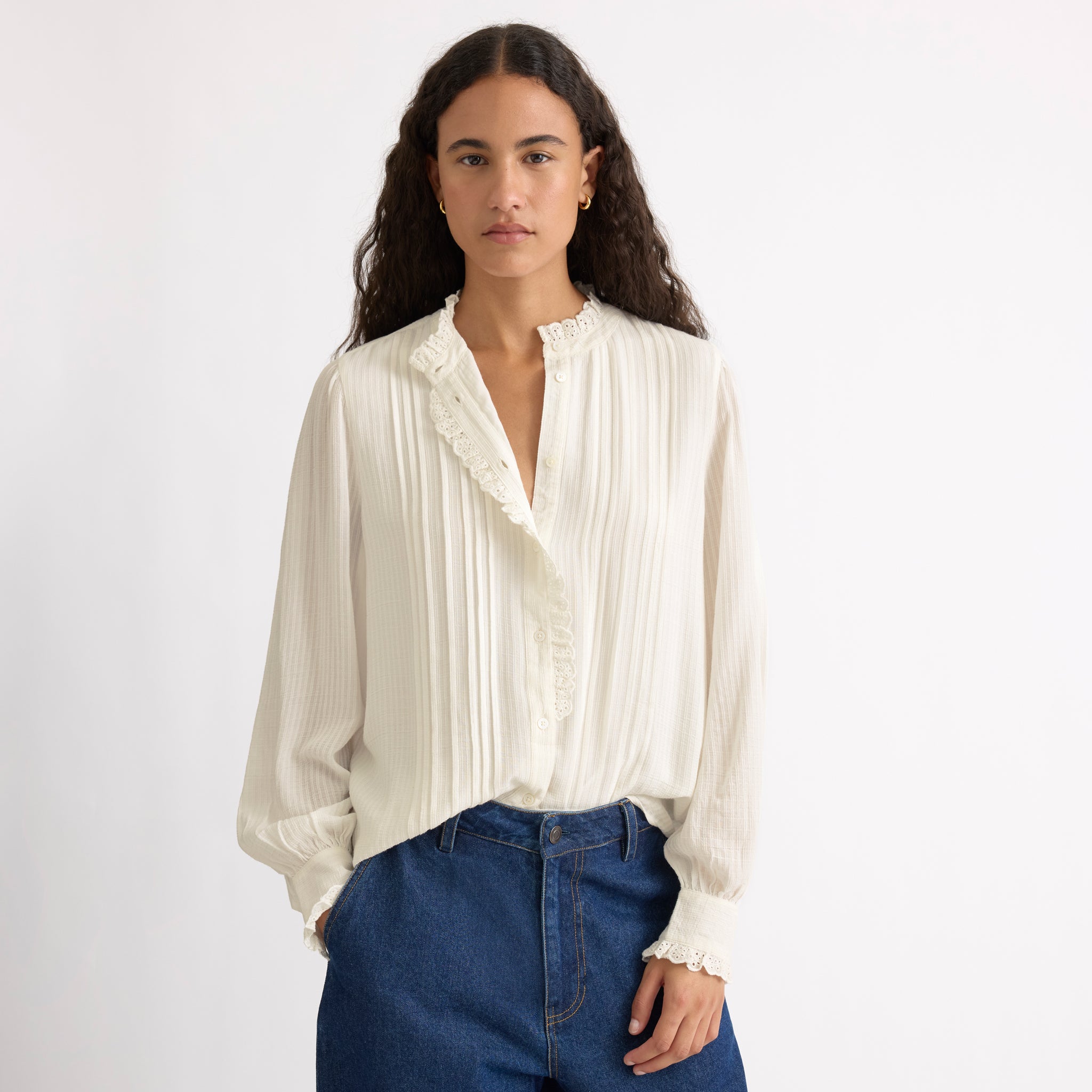 Cream Lace Edge High Neck Blouse