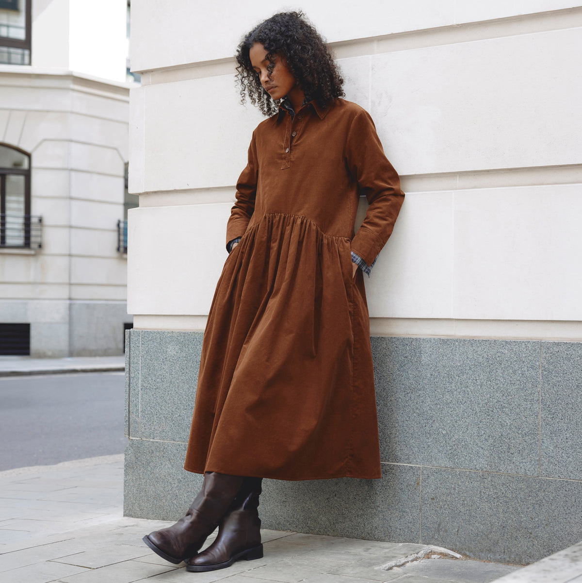Tan Baby Cord Midi Dress